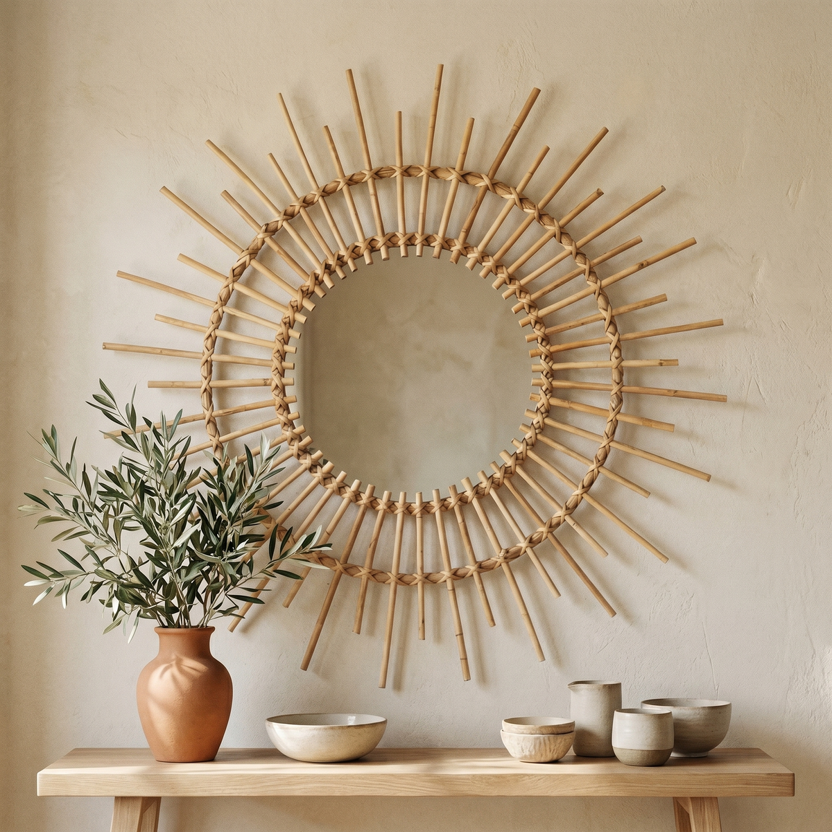 Miroir Rond Soleil Double Cercle en Rotin