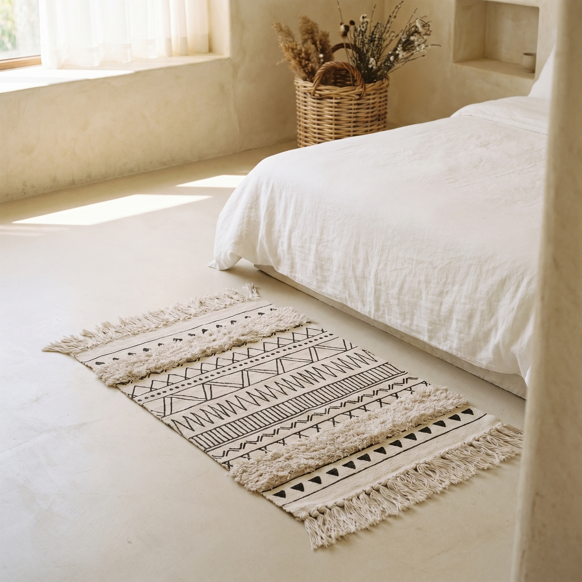 Tapis en Coton à Motifs Géométriques & Franges
