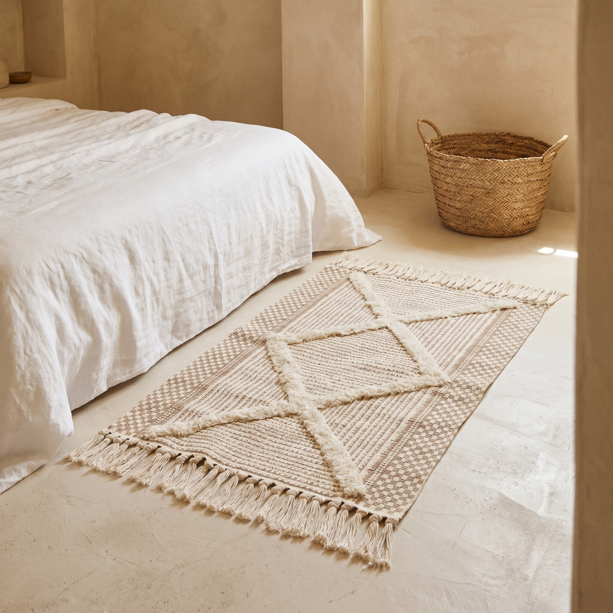 Tapis Tissé à Motif Losange & Franges