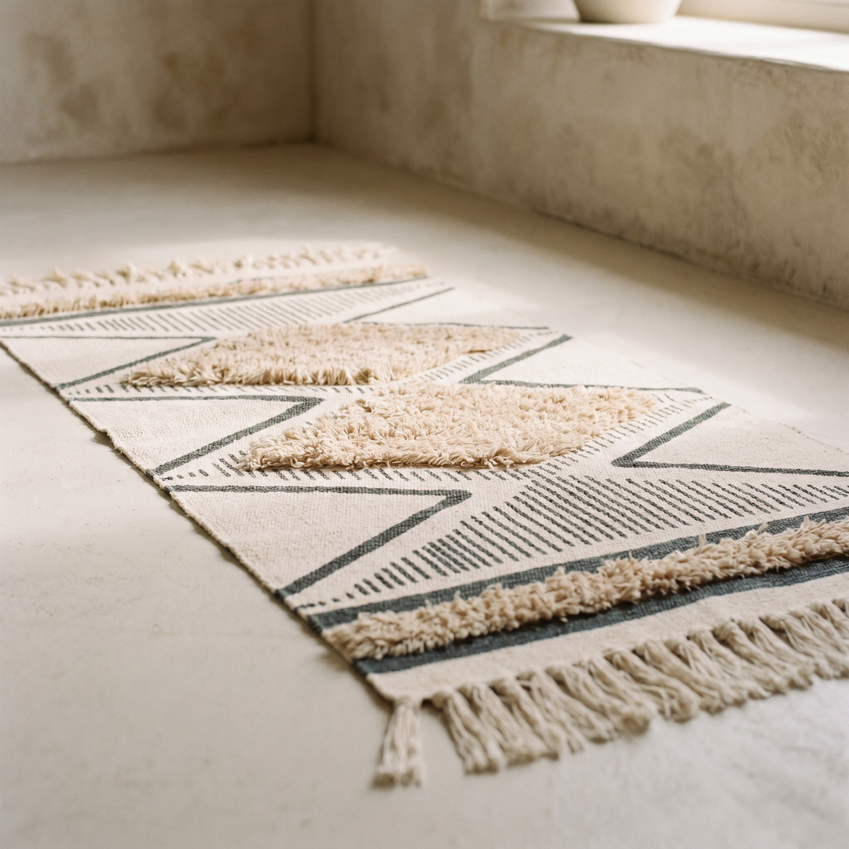 Tapis Tufté à Losanges en Relief & Franges