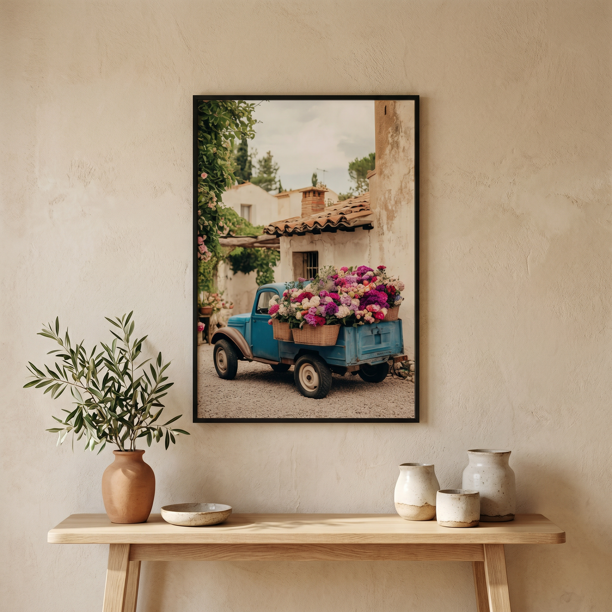 Affiche Village Méditerranéen & Camionnette Fleurie