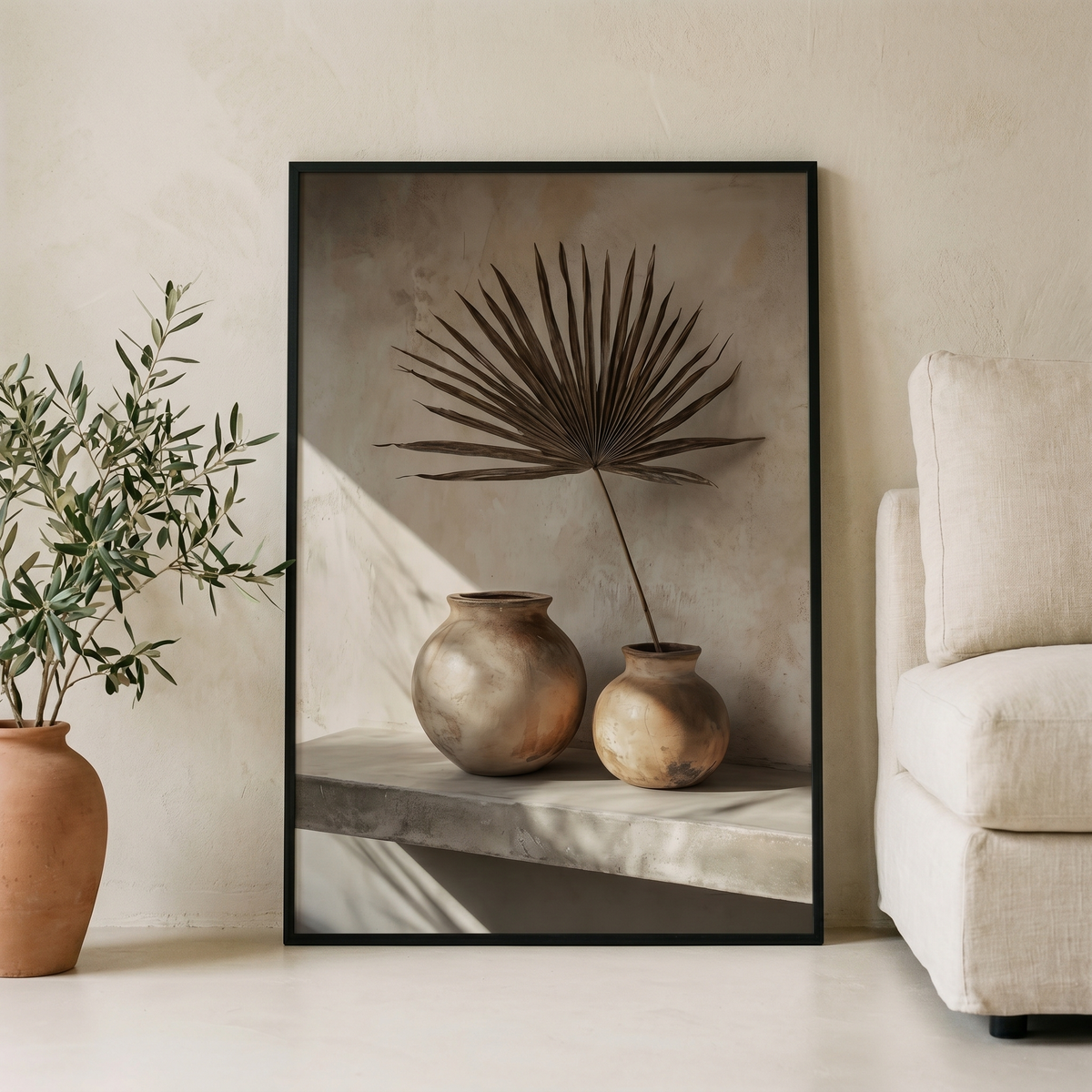 Affiche Nature Morte aux Vases & Feuille de Palmier