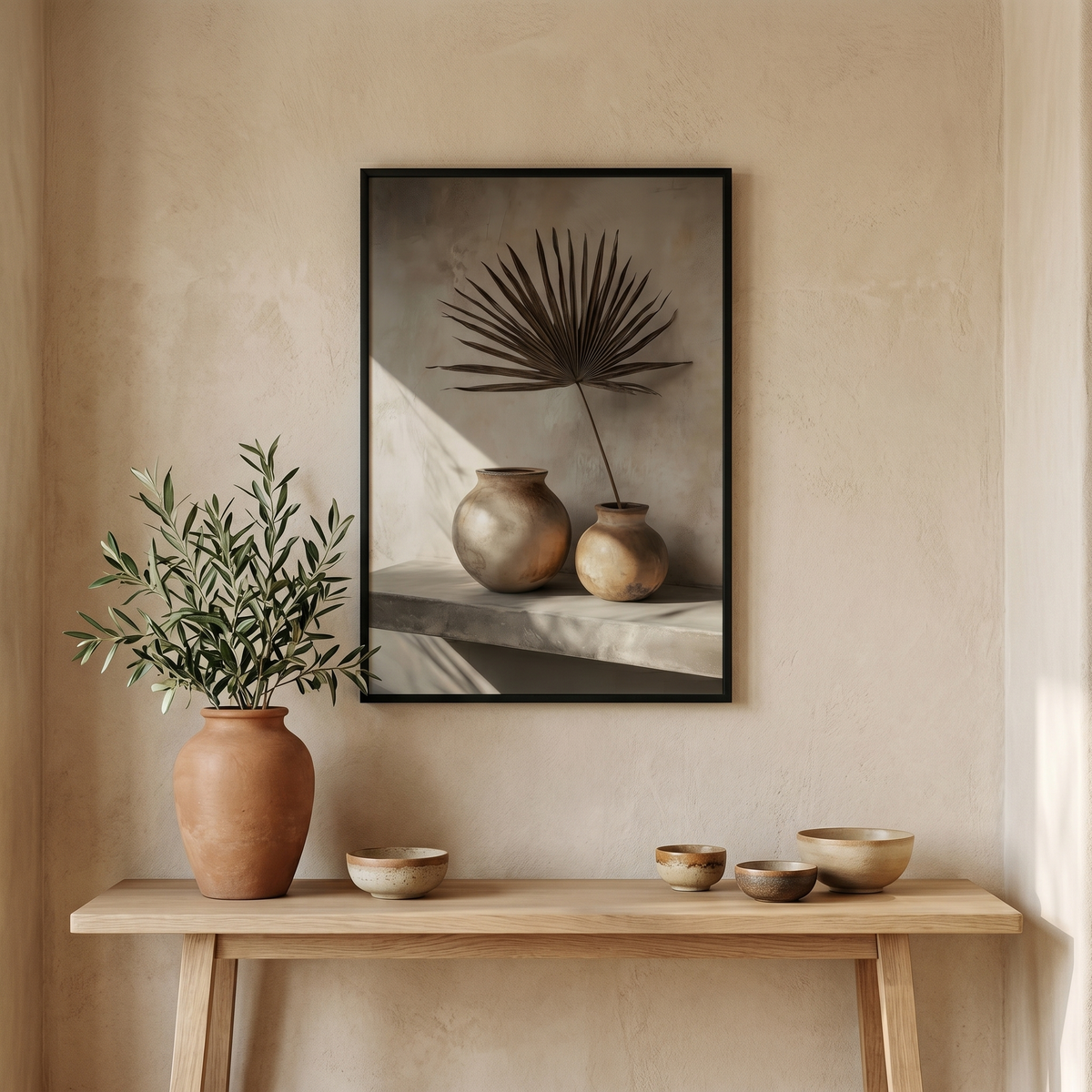 Affiche Nature Morte aux Vases & Feuille de Palmier