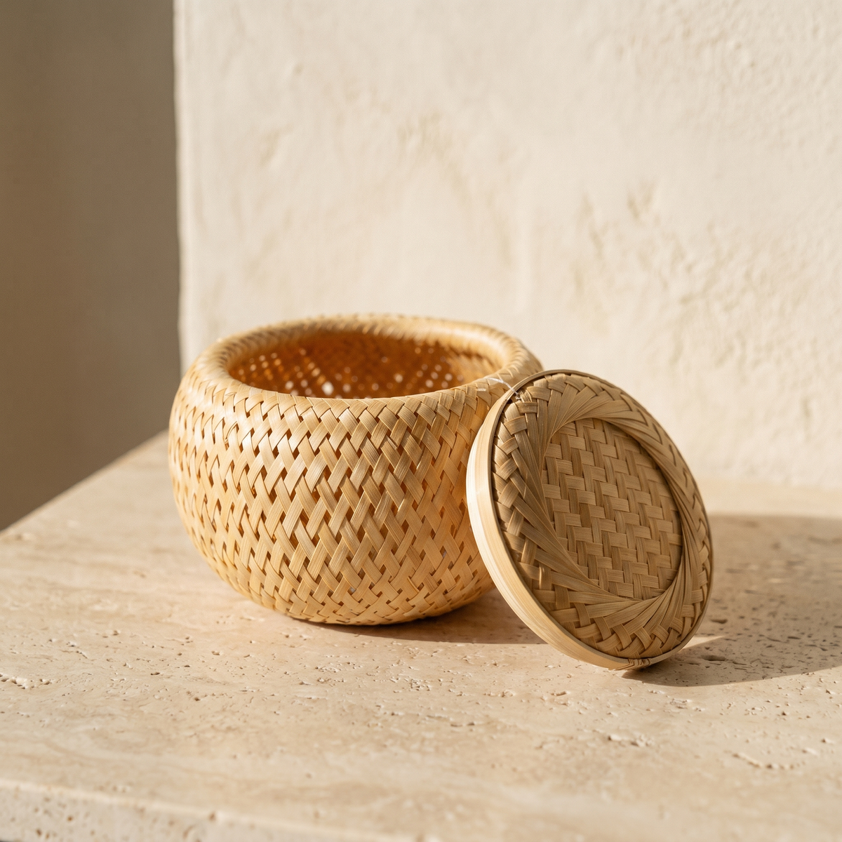 Boîte Ronde à Couvercle en Bambou Tressé