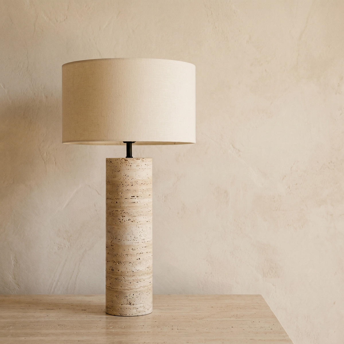 Lampe à Poser Cylindre en Travertin & Abat-Jour Tambour