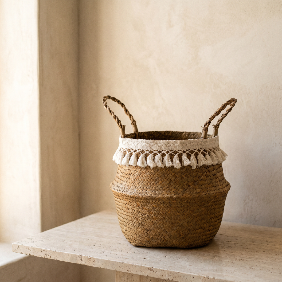 Panier Ventru en Fibre Naturelle & Pampilles