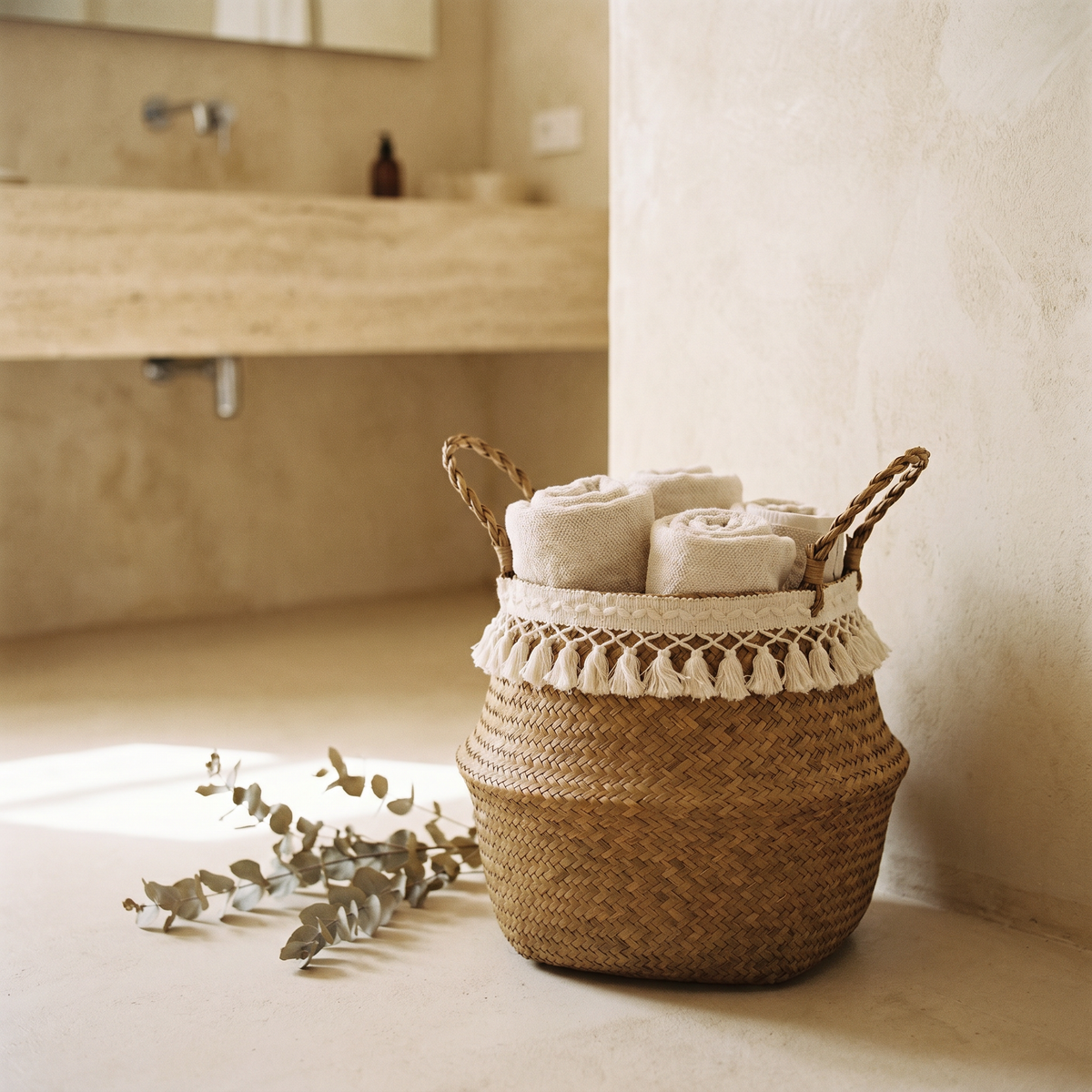 Panier Ventru en Fibre Naturelle & Pampilles