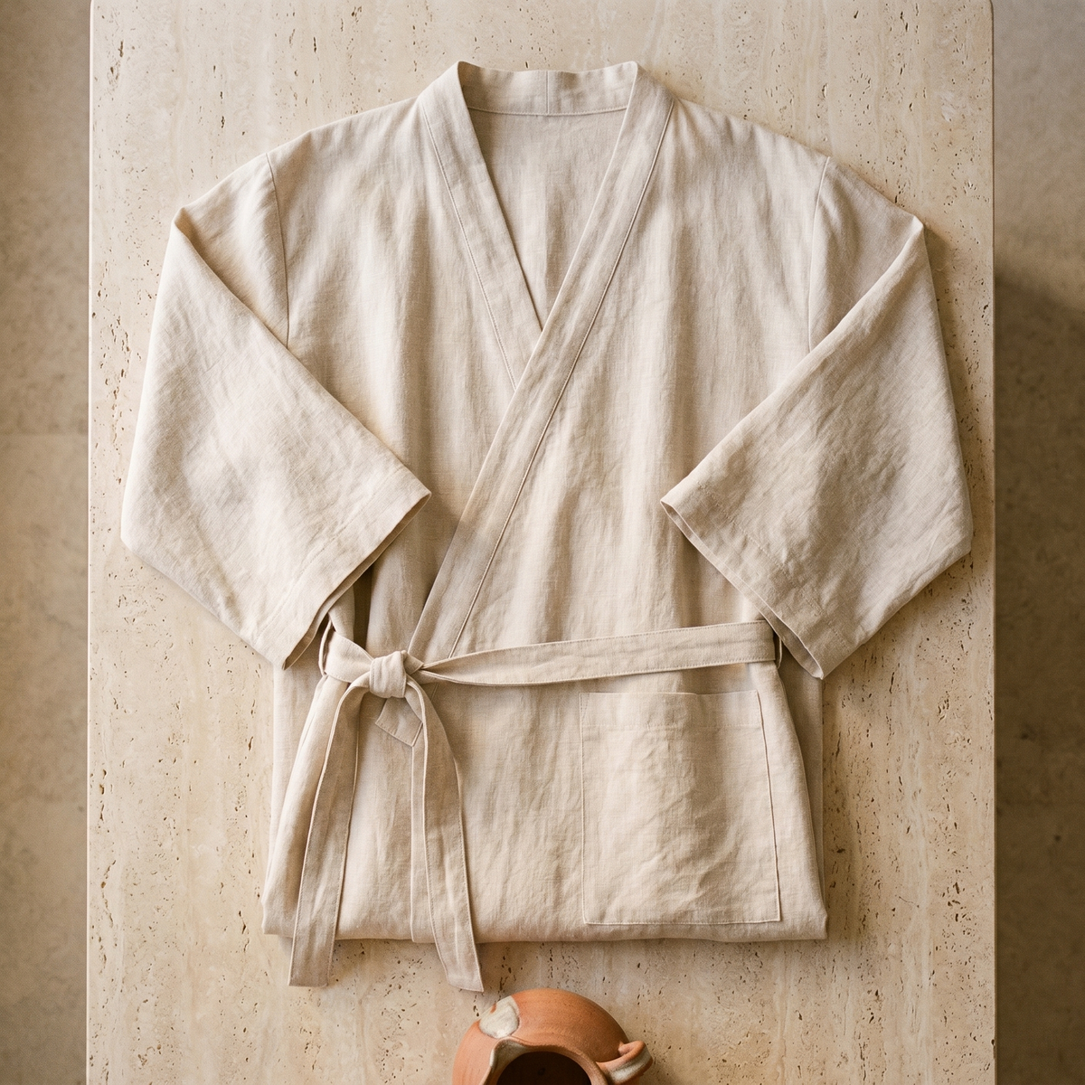 Peignoir Femme Long en Coton & Lin Col Kimono