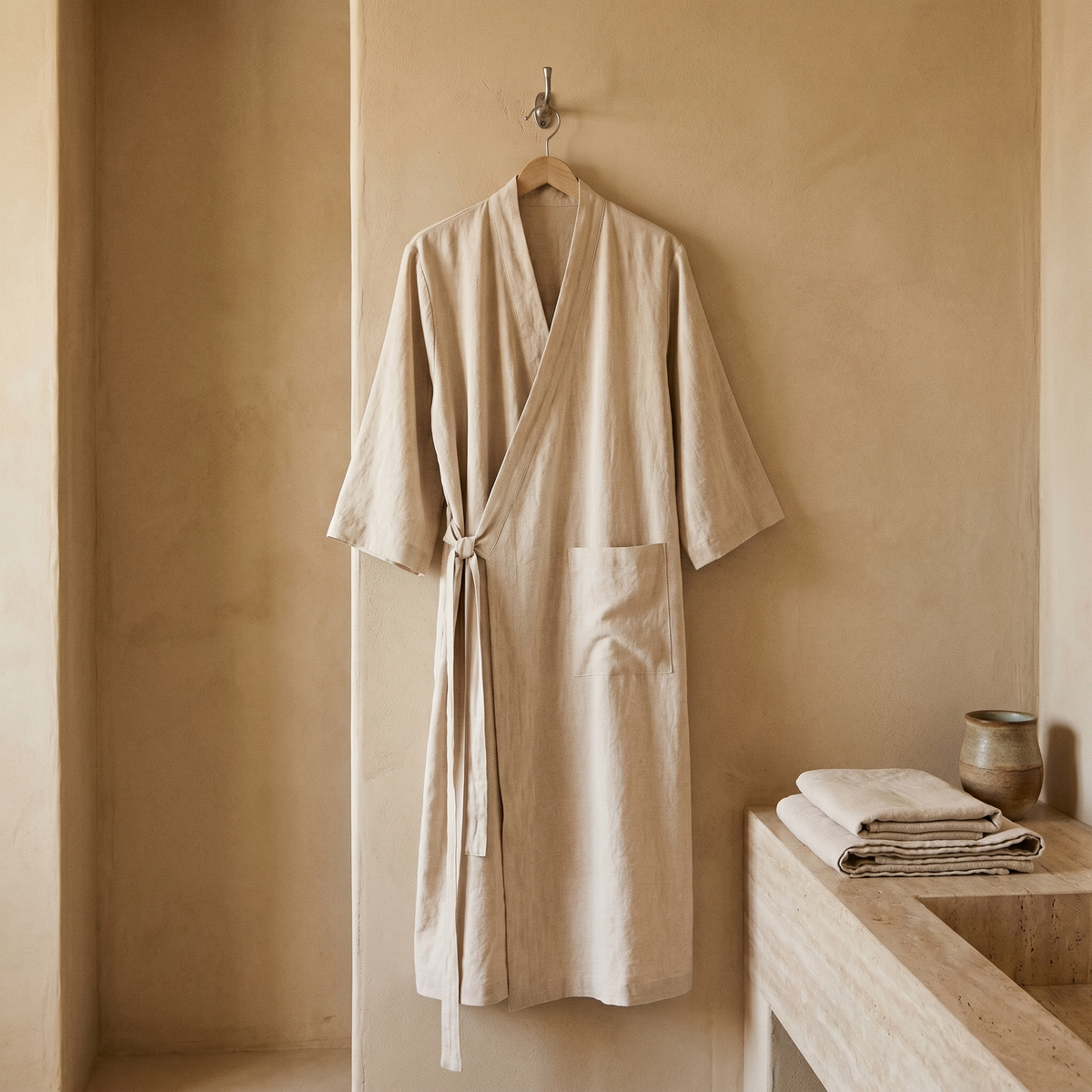 Peignoir Femme Long en Coton & Lin Col Kimono
