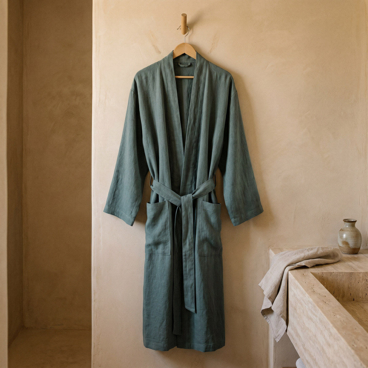 Peignoir Unisexe Long en Coton & Lin Col Kimono