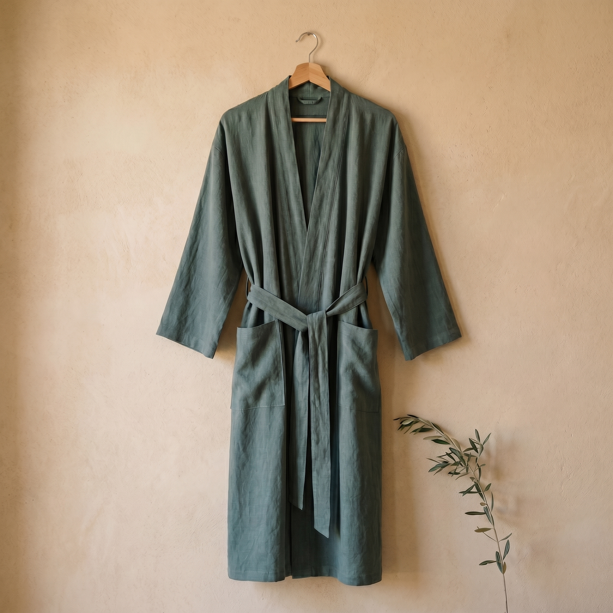 Peignoir Unisexe Long en Coton & Lin Col Kimono