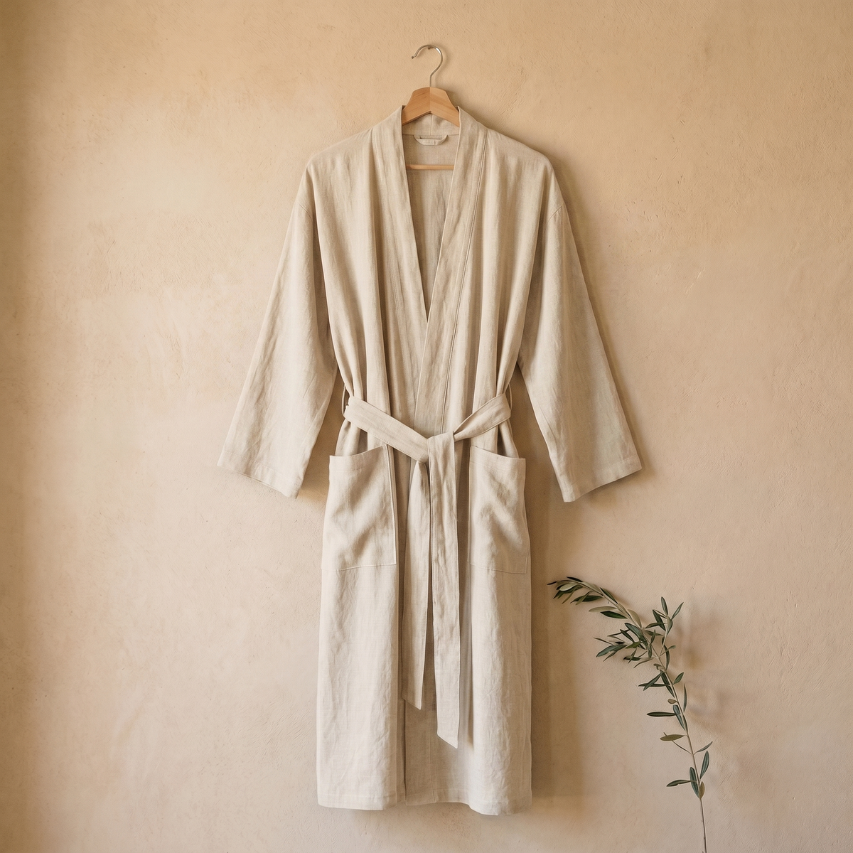 Peignoir Unisexe Long en Coton & Lin Col Kimono