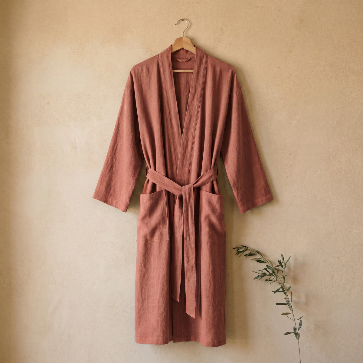 Peignoir Unisexe Long en Coton & Lin Col Kimono