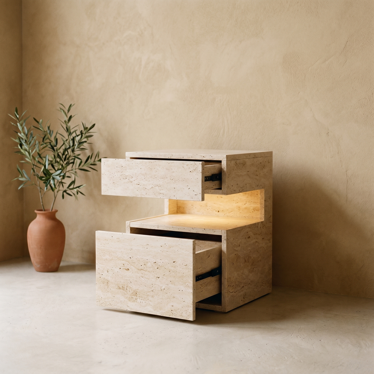 Table de Chevet en Effet Travertin à Deux Tiroirs