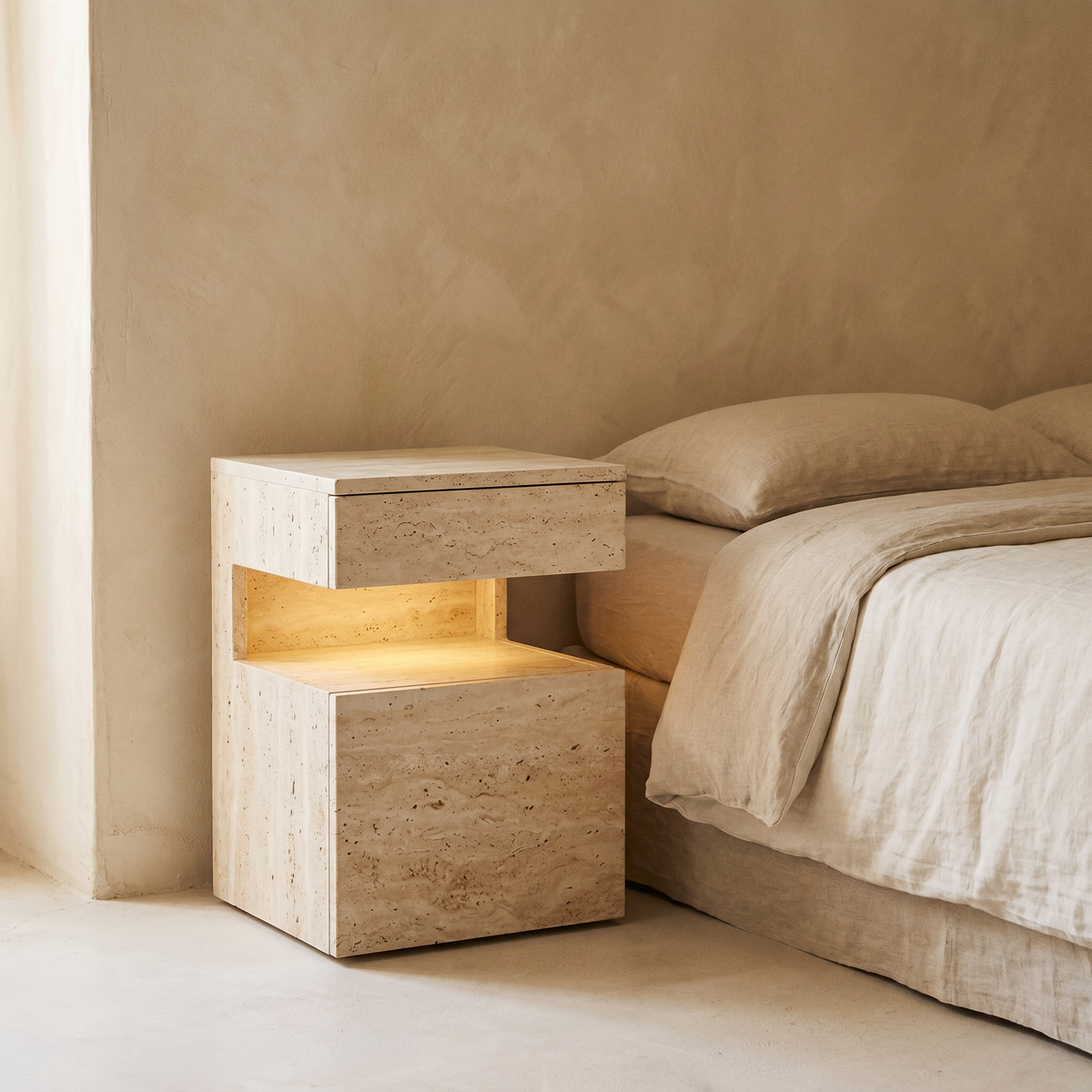 Table de Chevet en Effet Travertin à Deux Tiroirs