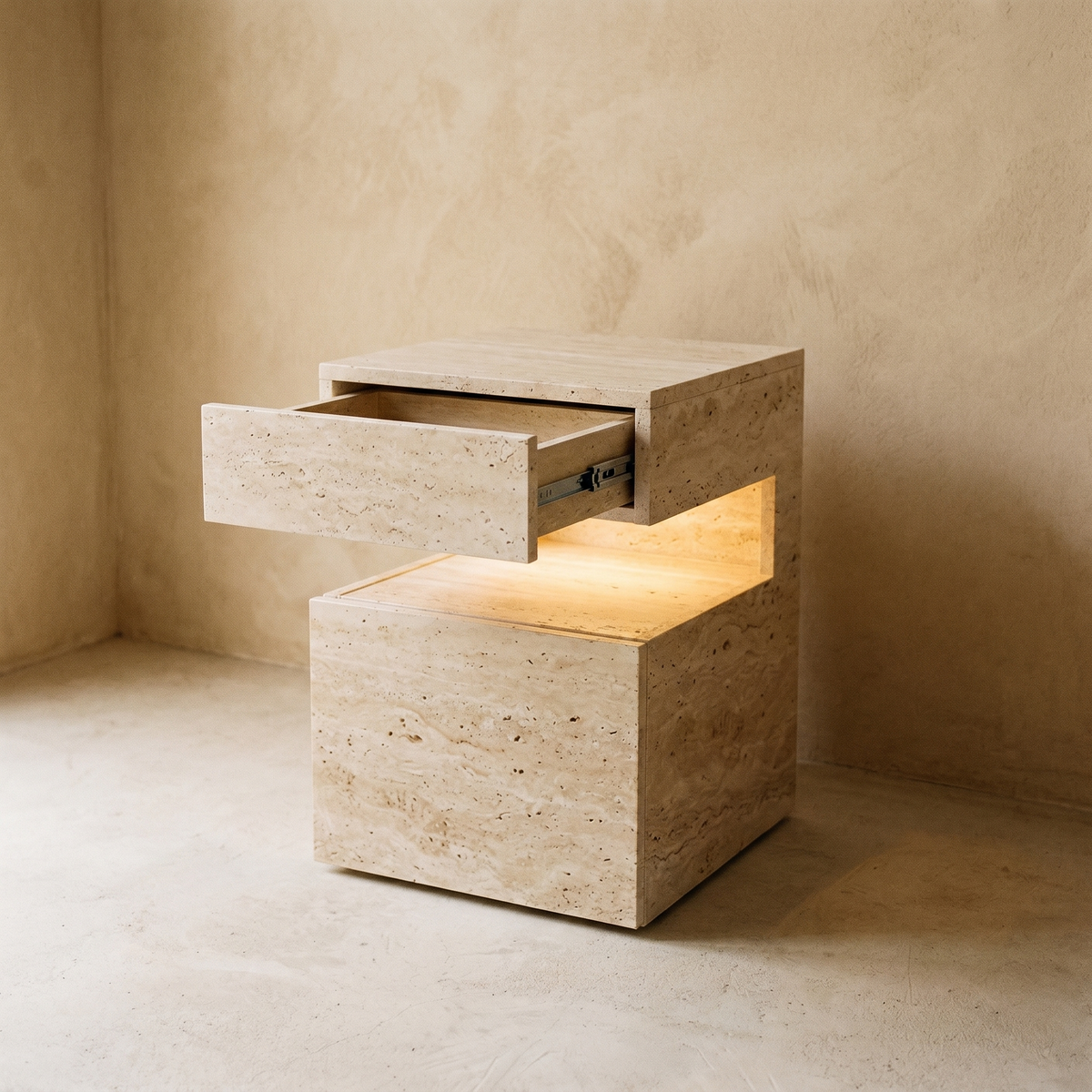 Table de Chevet en Effet Travertin à Deux Tiroirs