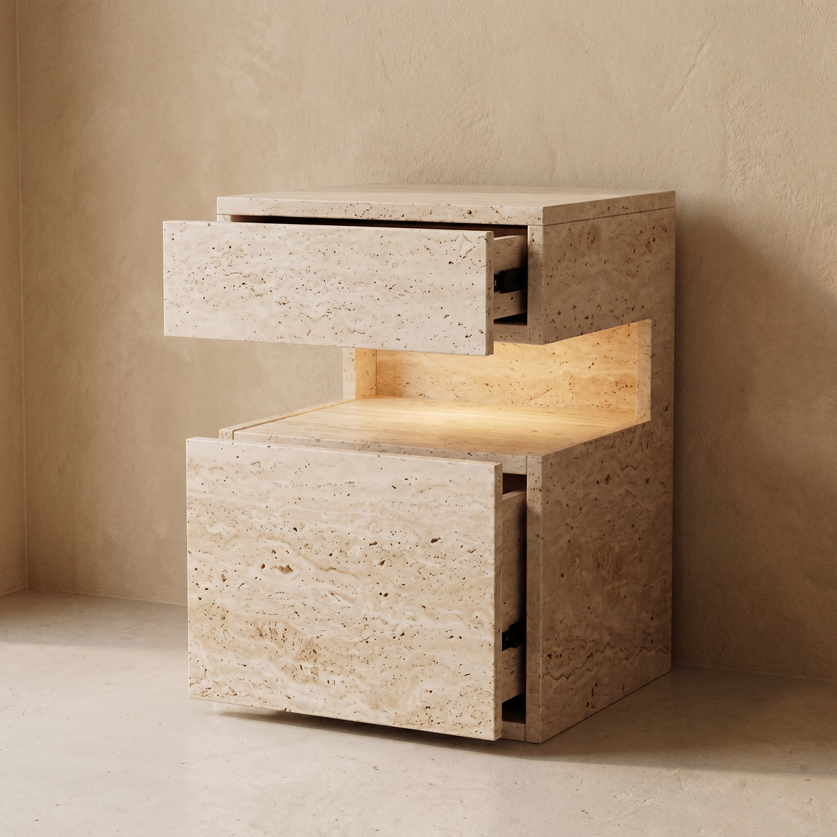 Table de Chevet en Effet Travertin à Deux Tiroirs