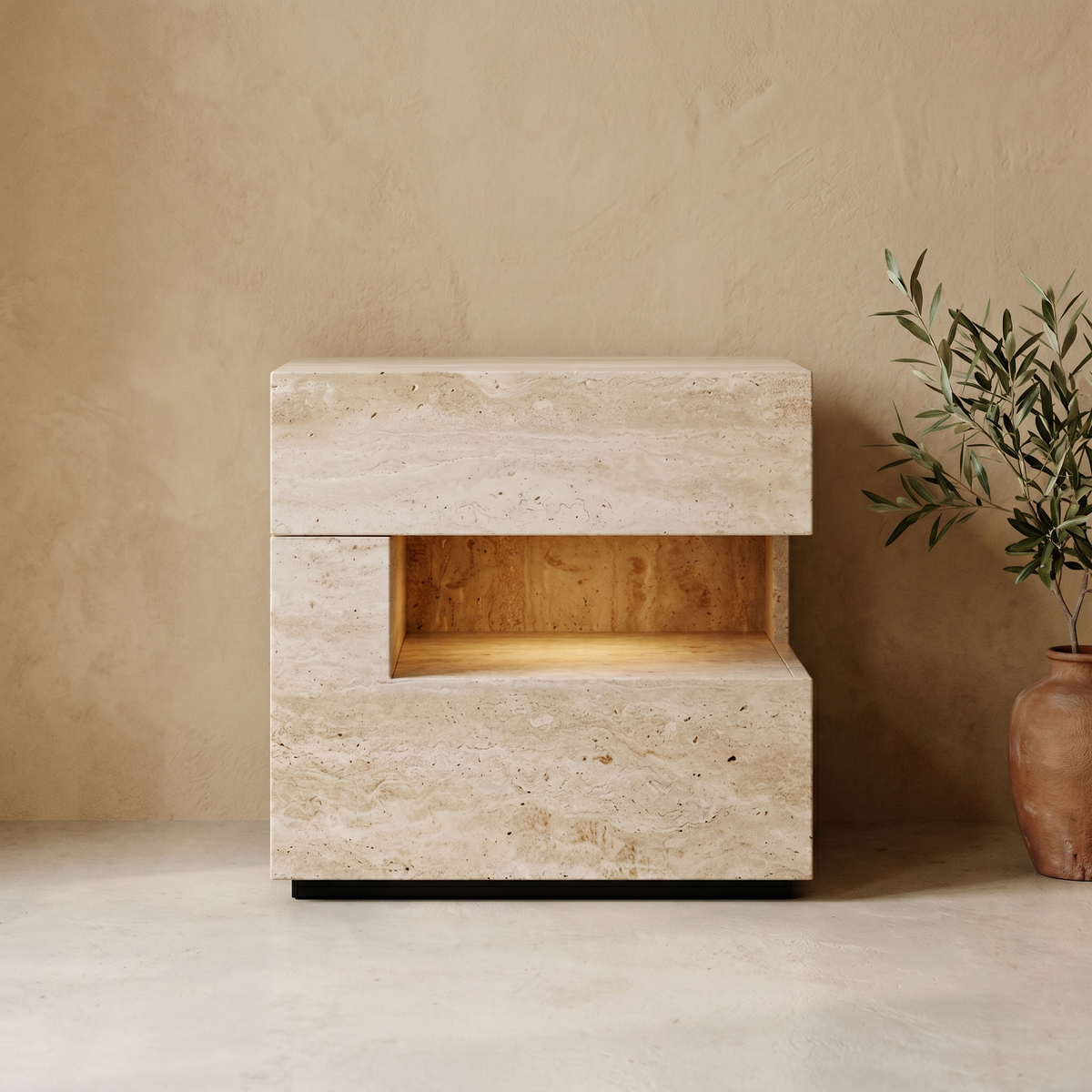 Table de Chevet en Effet Travertin à Niche Éclairée