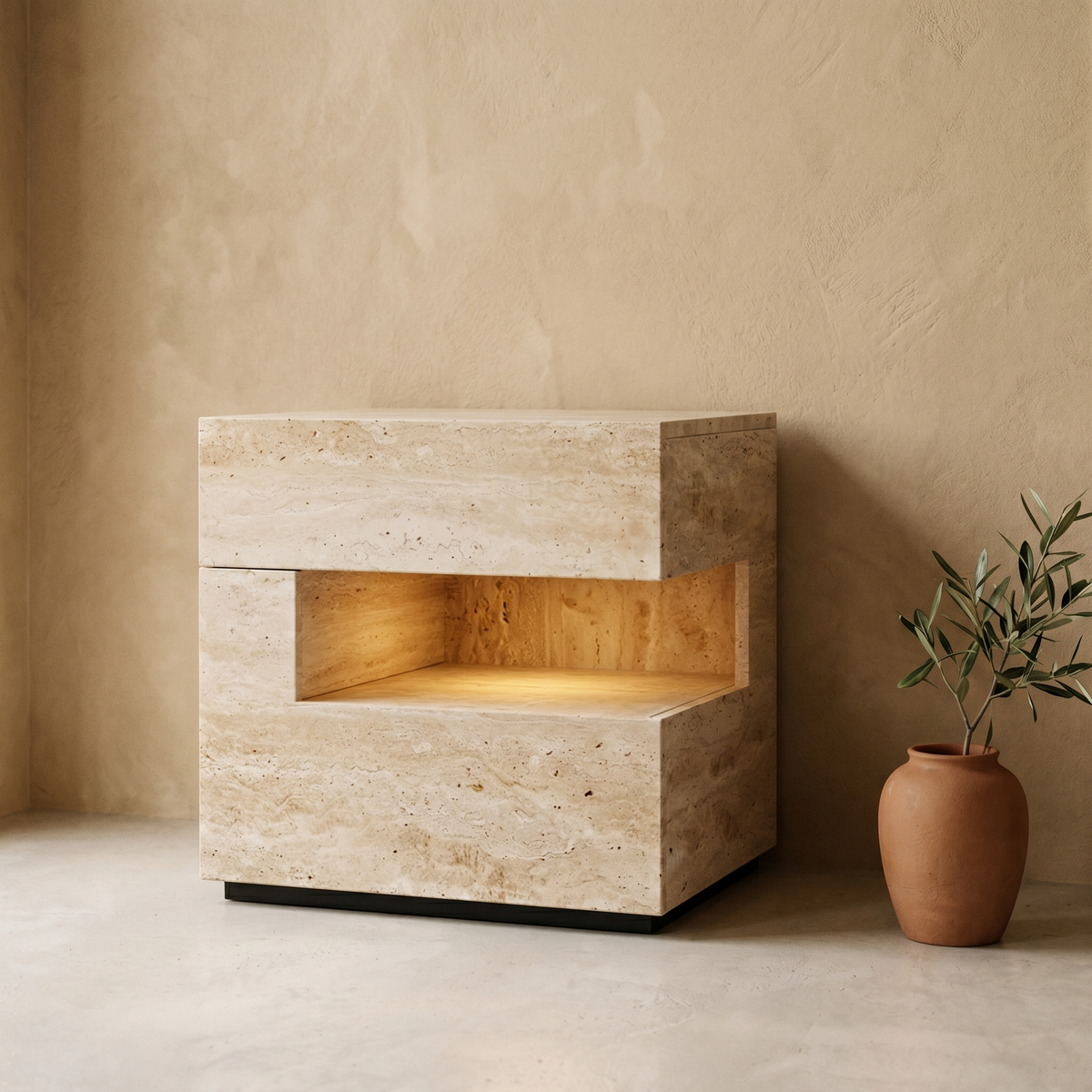Table de Chevet en Effet Travertin à Niche Éclairée