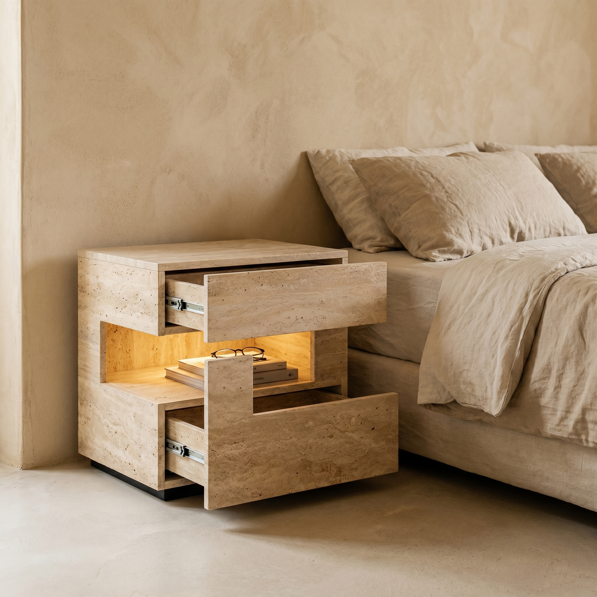 Table de Chevet en Effet Travertin à Niche Éclairée