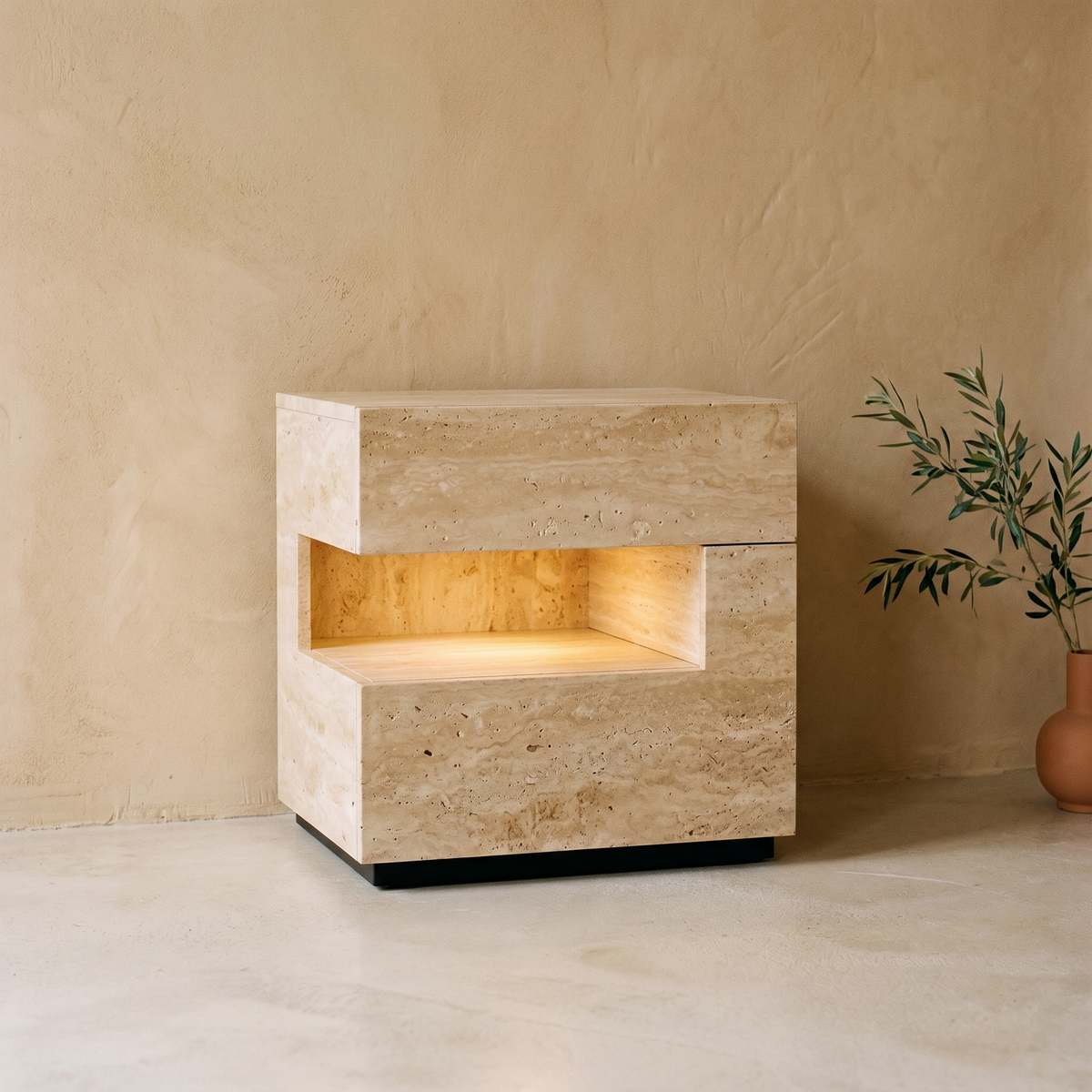 Table de Chevet en Effet Travertin à Niche Éclairée