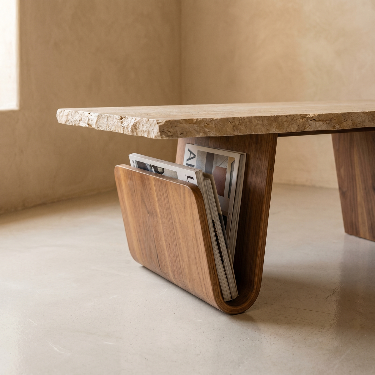 Table Basse en Travertin & Bois à Porte-Revues