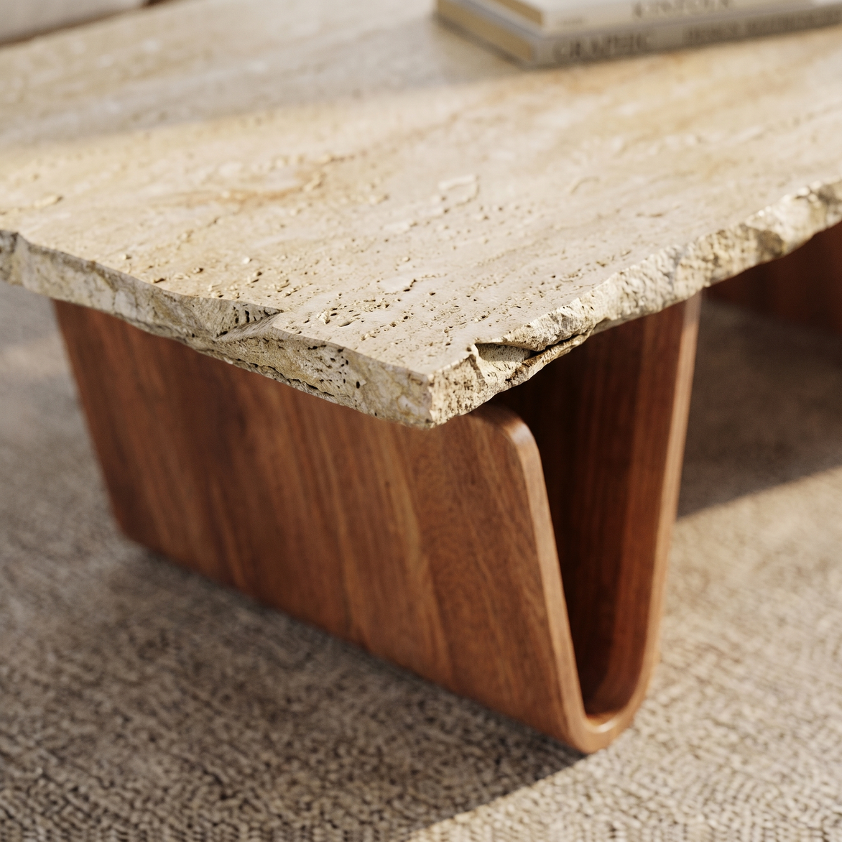 Table Basse en Travertin & Bois à Porte-Revues