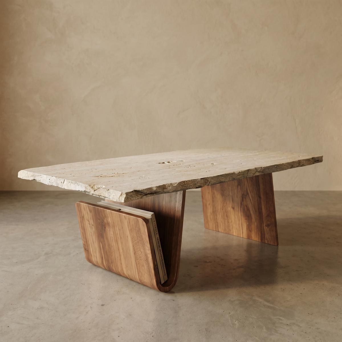 Table Basse en Travertin & Bois à Porte-Revues