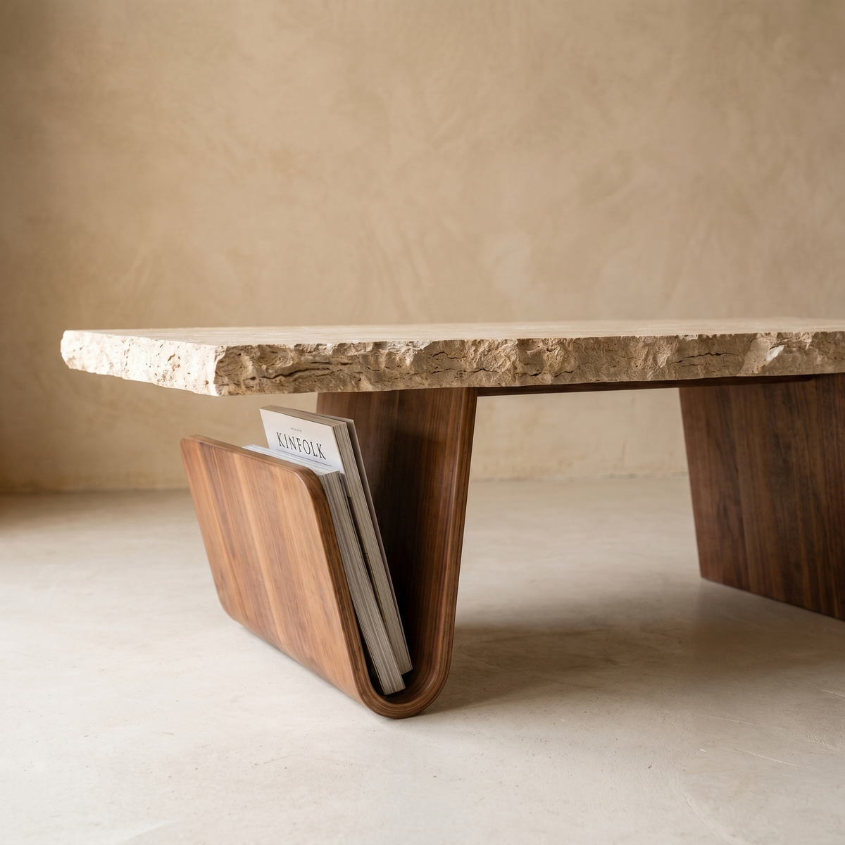 Table Basse en Travertin & Bois à Porte-Revues