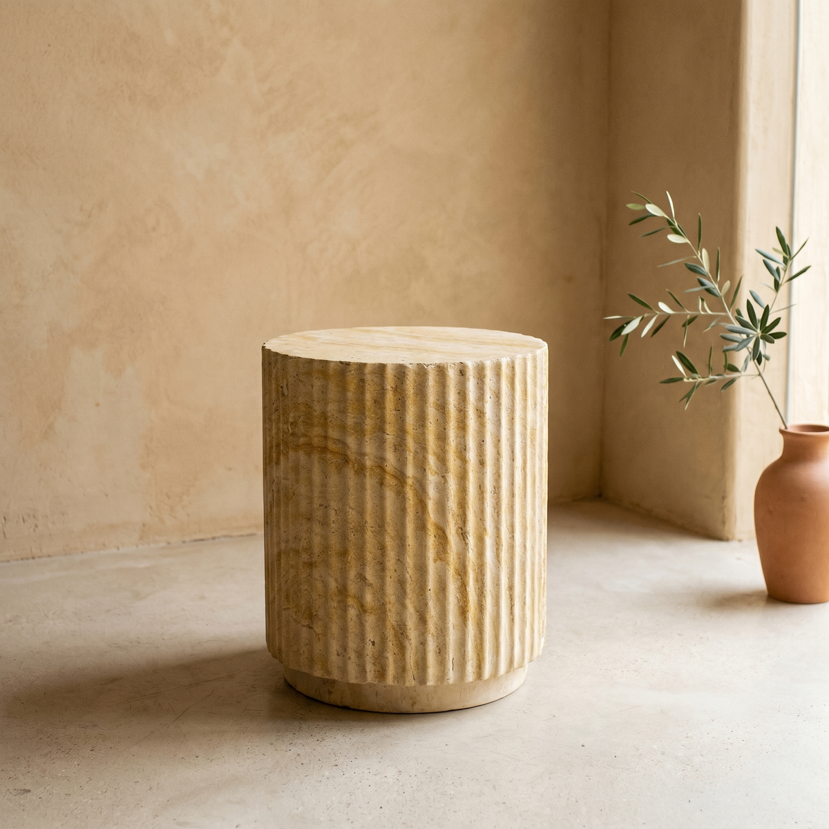 Table d'Appoint Cylindre Cannelée Effet Travertin