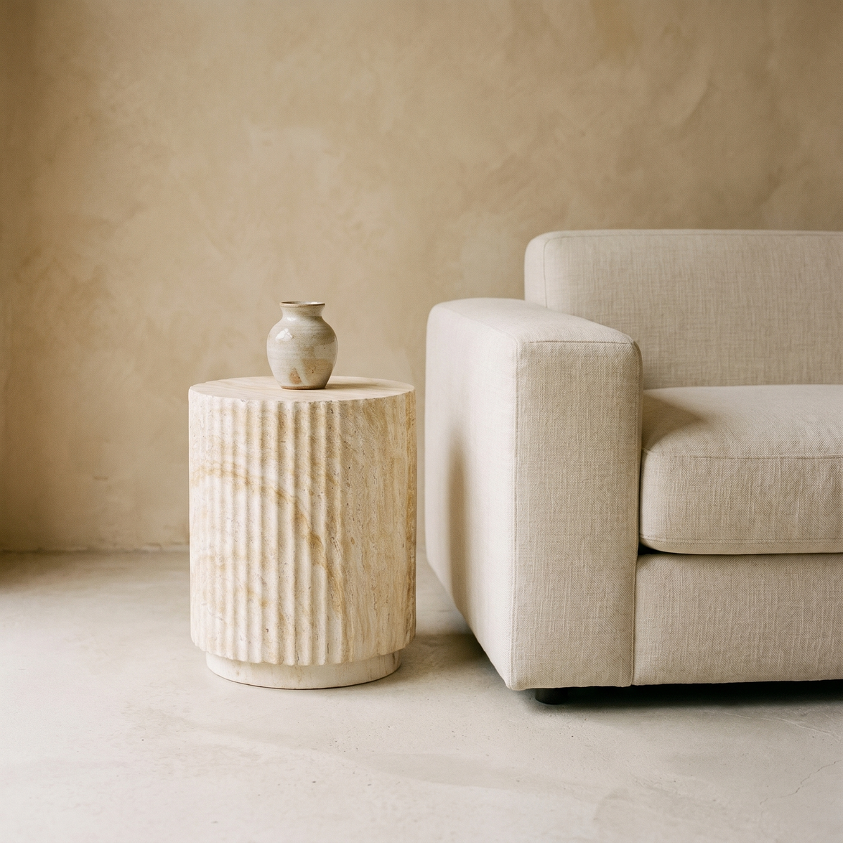 Table d'Appoint Cylindre Cannelée Effet Travertin