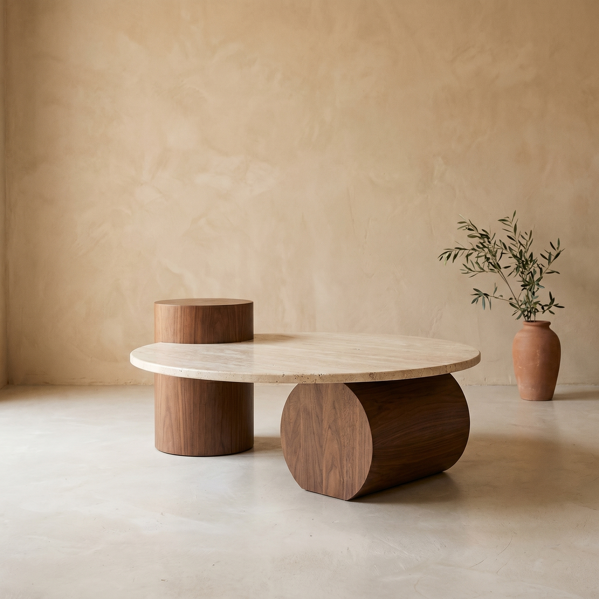 Table Basse Ronde en Travertin & Bois à Piètements Cylindriques