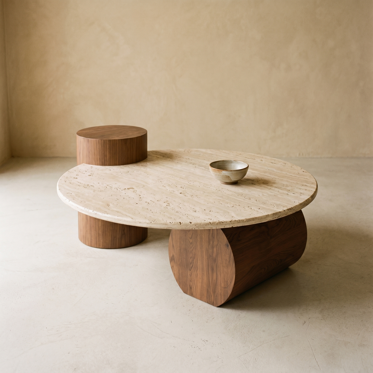 Table Basse Ronde en Travertin & Bois à Piètements Cylindriques