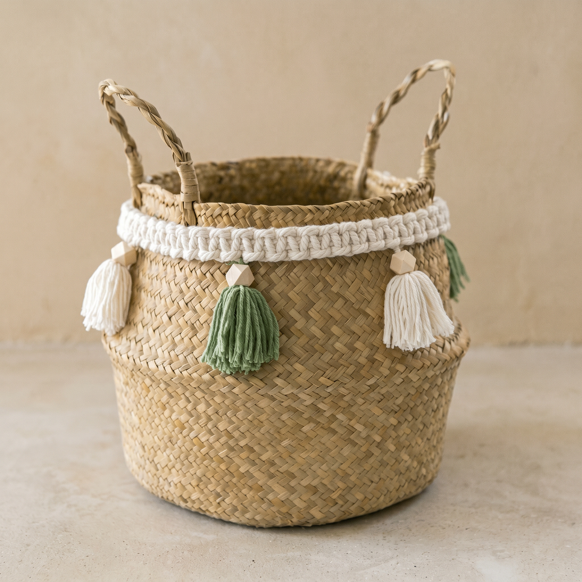 Panier Ventru en Fibre Naturelle à Pampilles