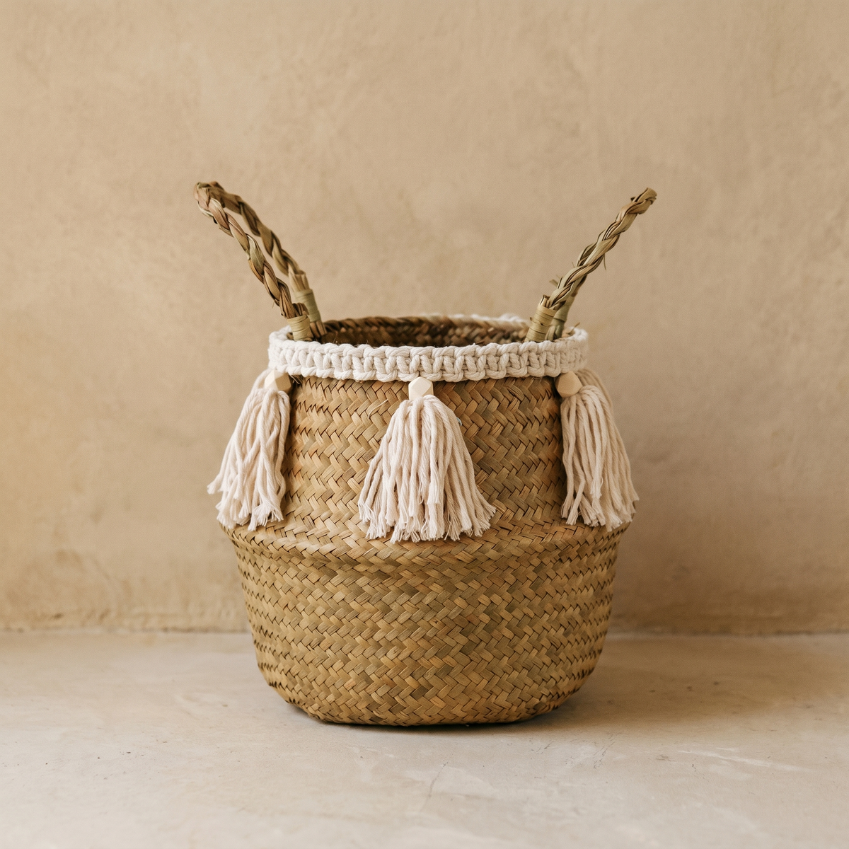 Panier Ventru en Jonc de Mer à Pampilles Écrues