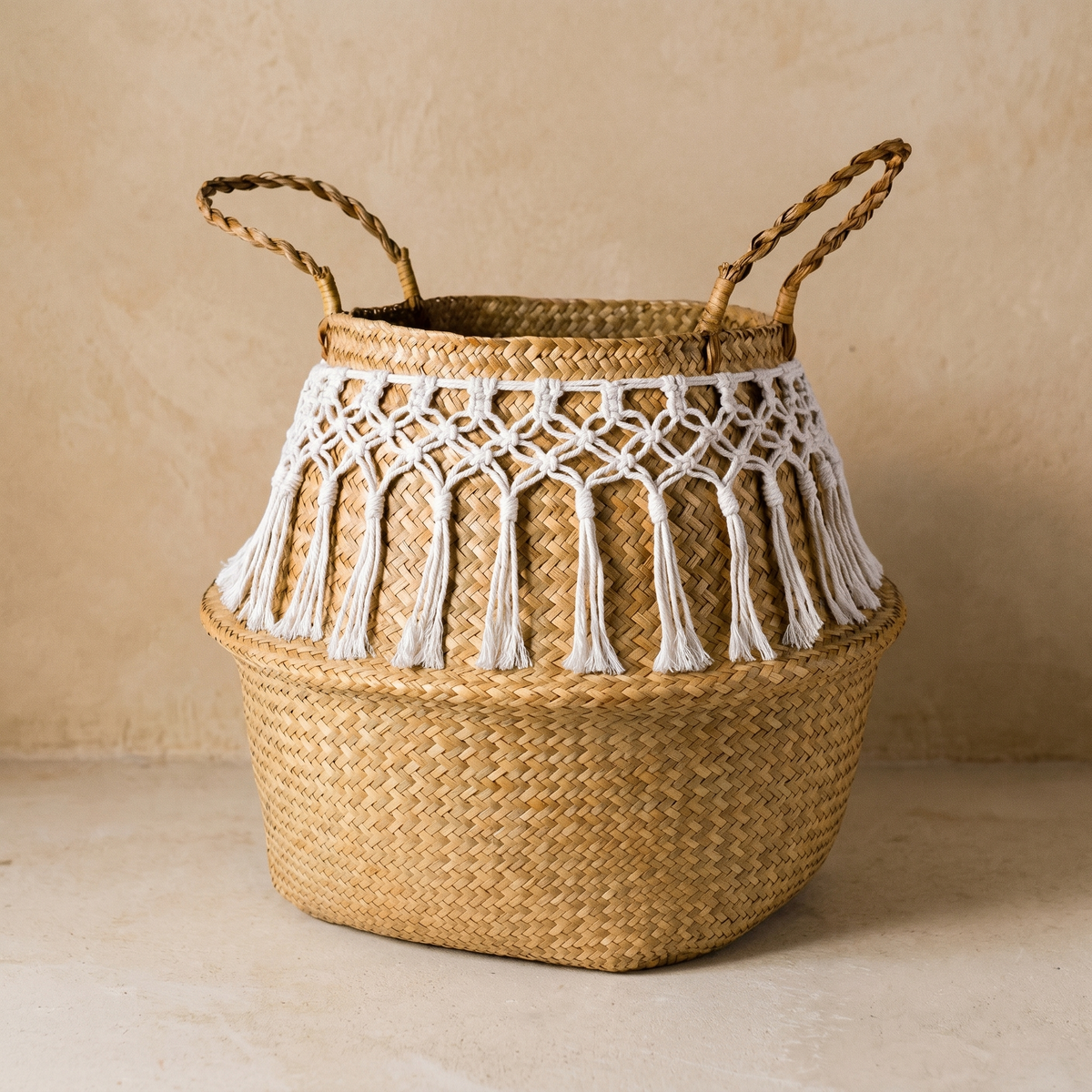 Panier Ventru en Paille à Bandeau Macramé