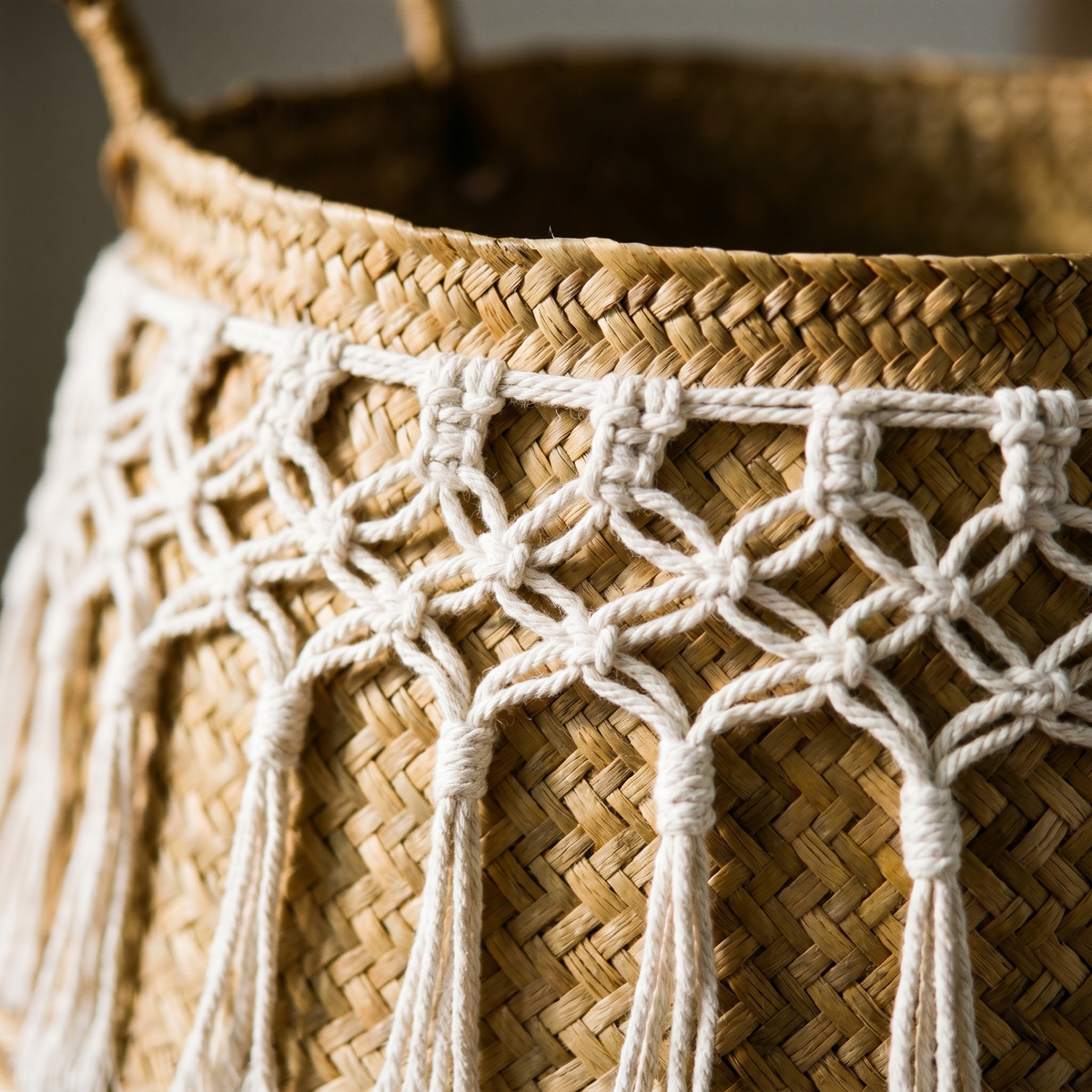Panier Ventru en Paille à Bandeau Macramé