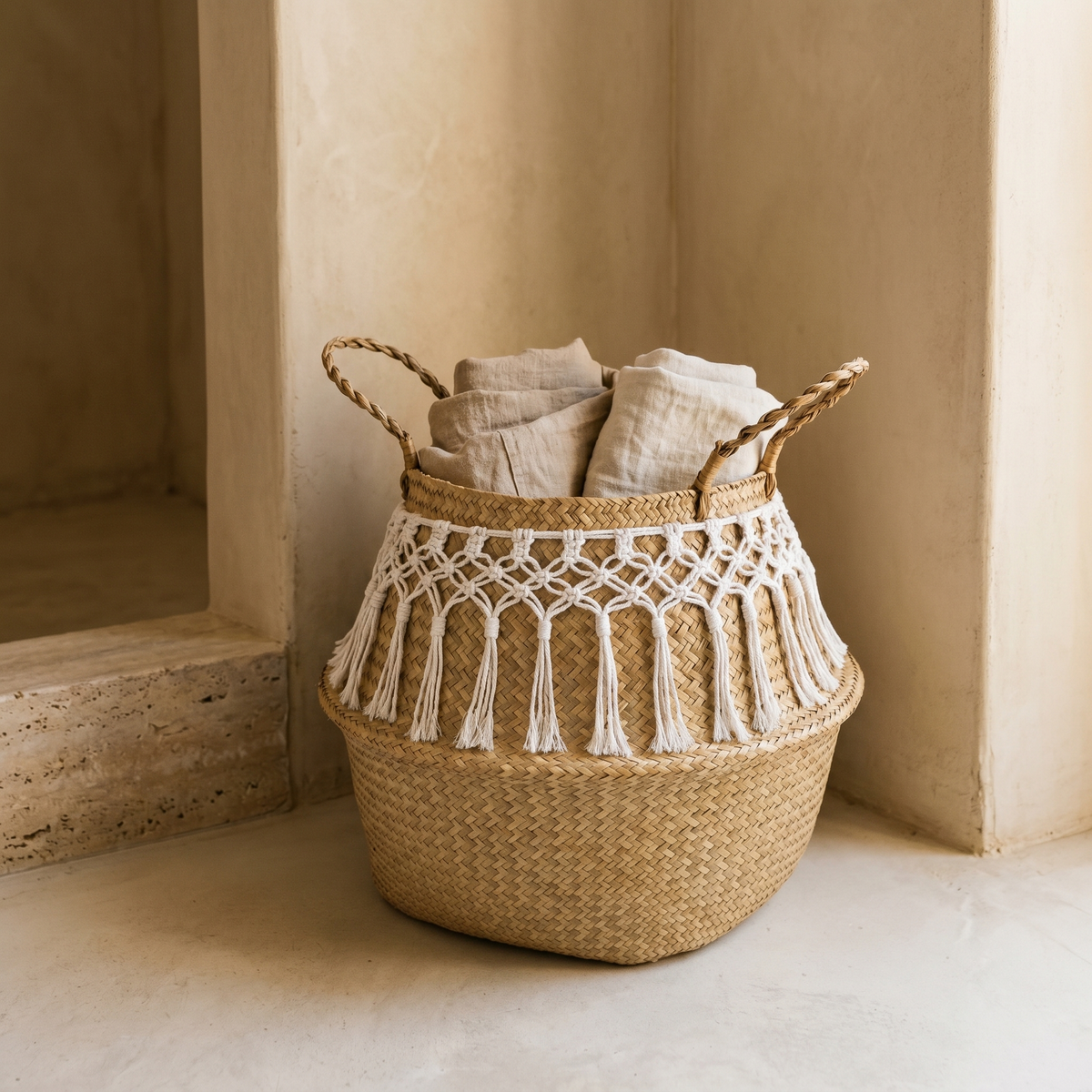 Panier Ventru en Paille à Bandeau Macramé