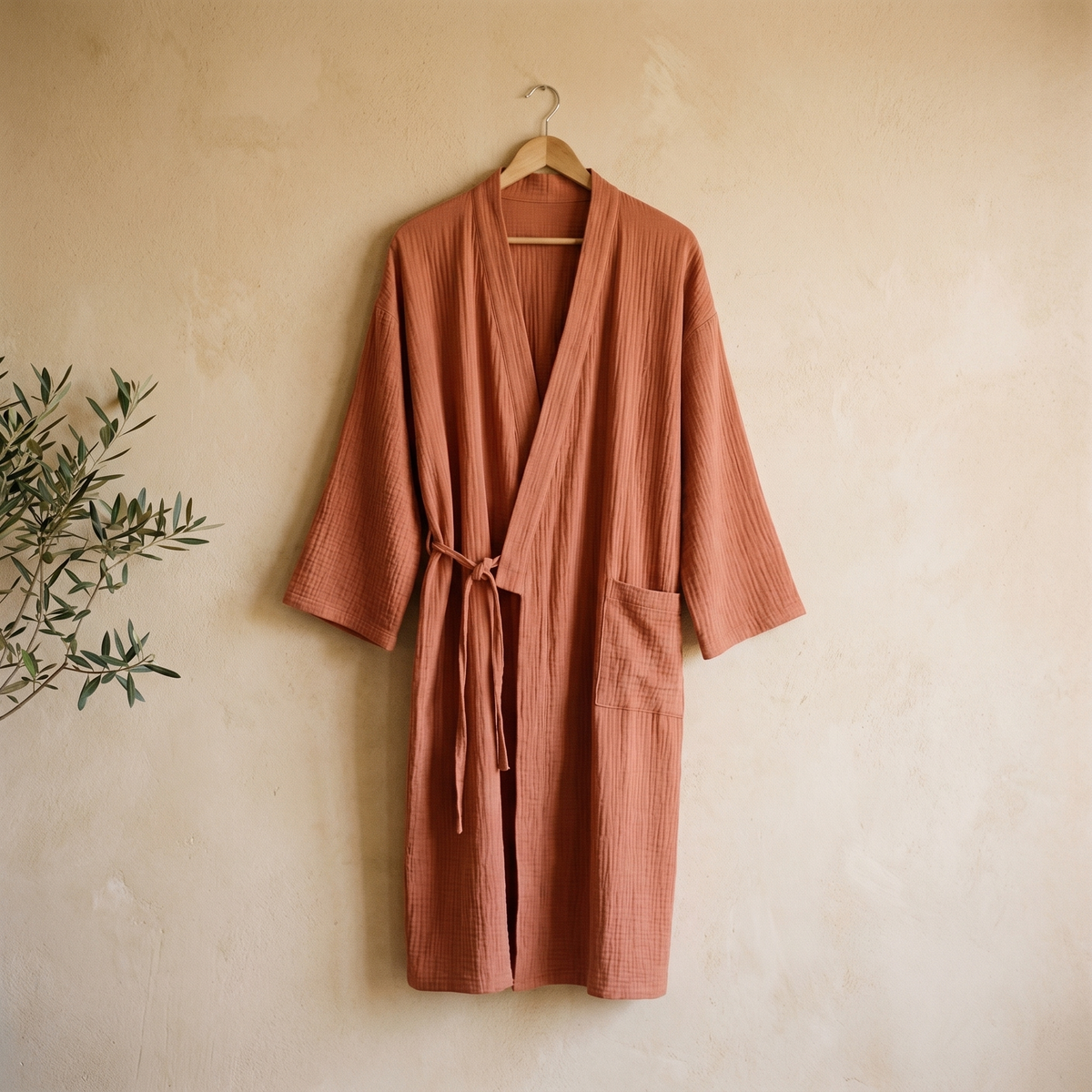 Peignoir Femme Long en Gaze de Coton Col Kimono
