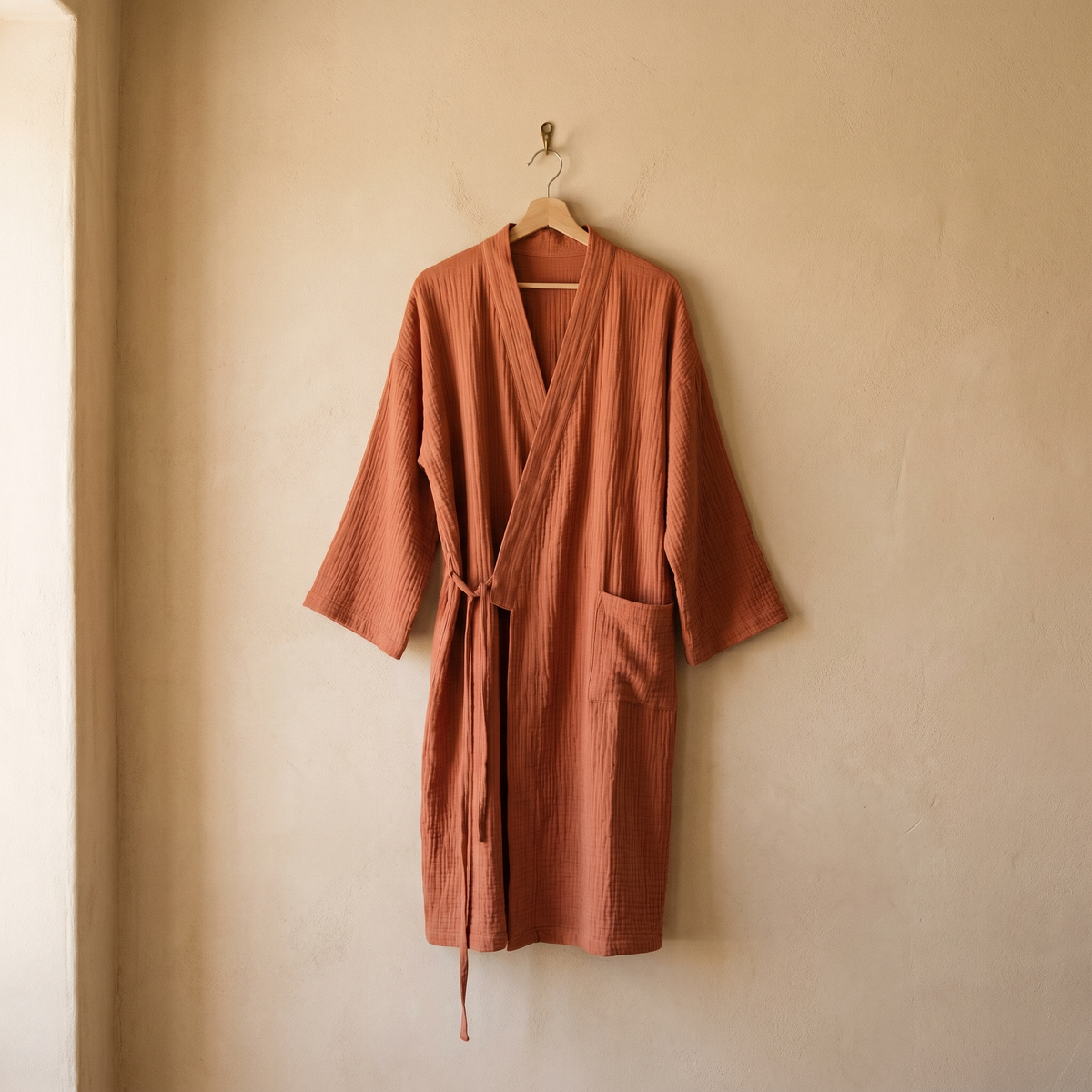 Peignoir Femme Long en Gaze de Coton Col Kimono