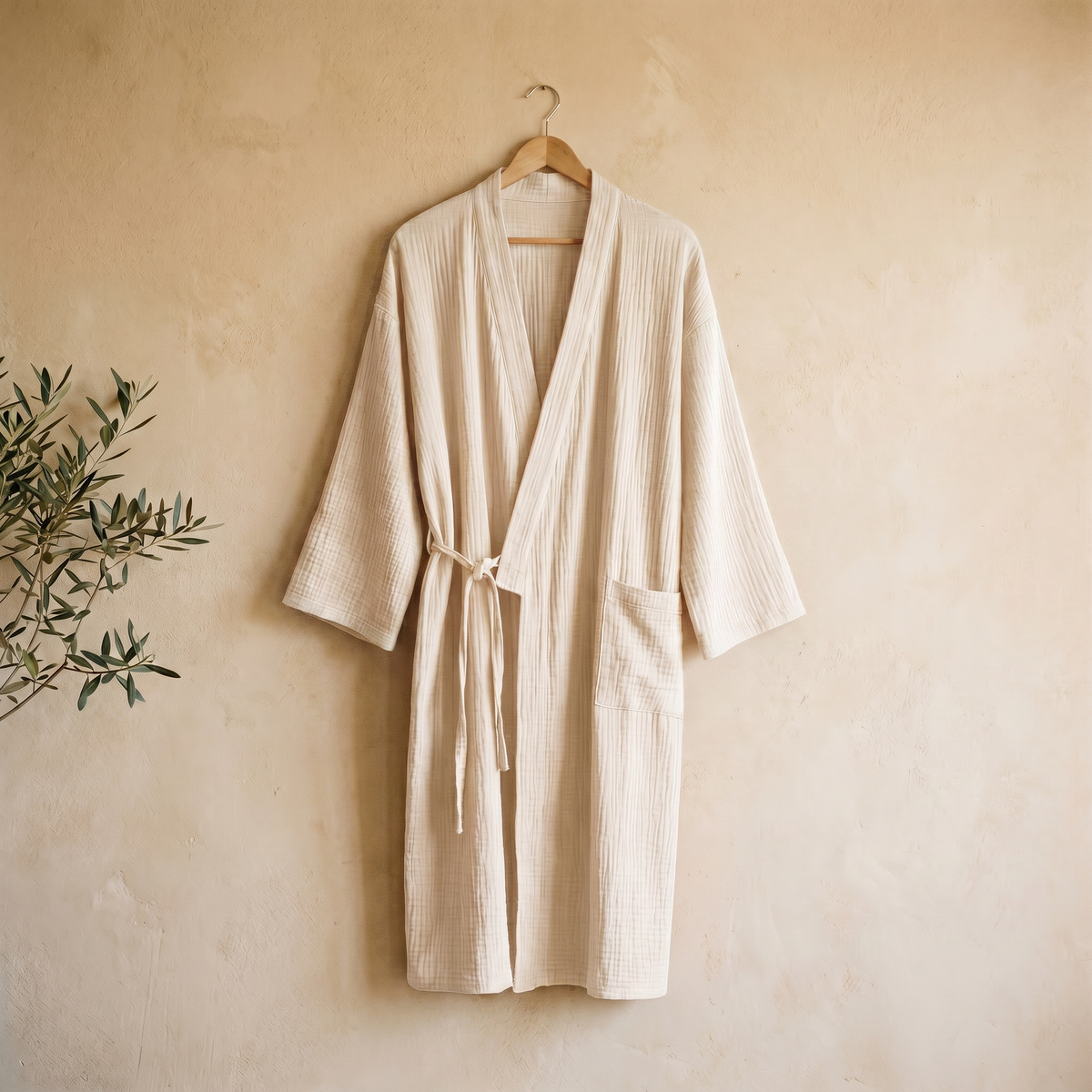 Peignoir Femme Long en Gaze de Coton Col Kimono