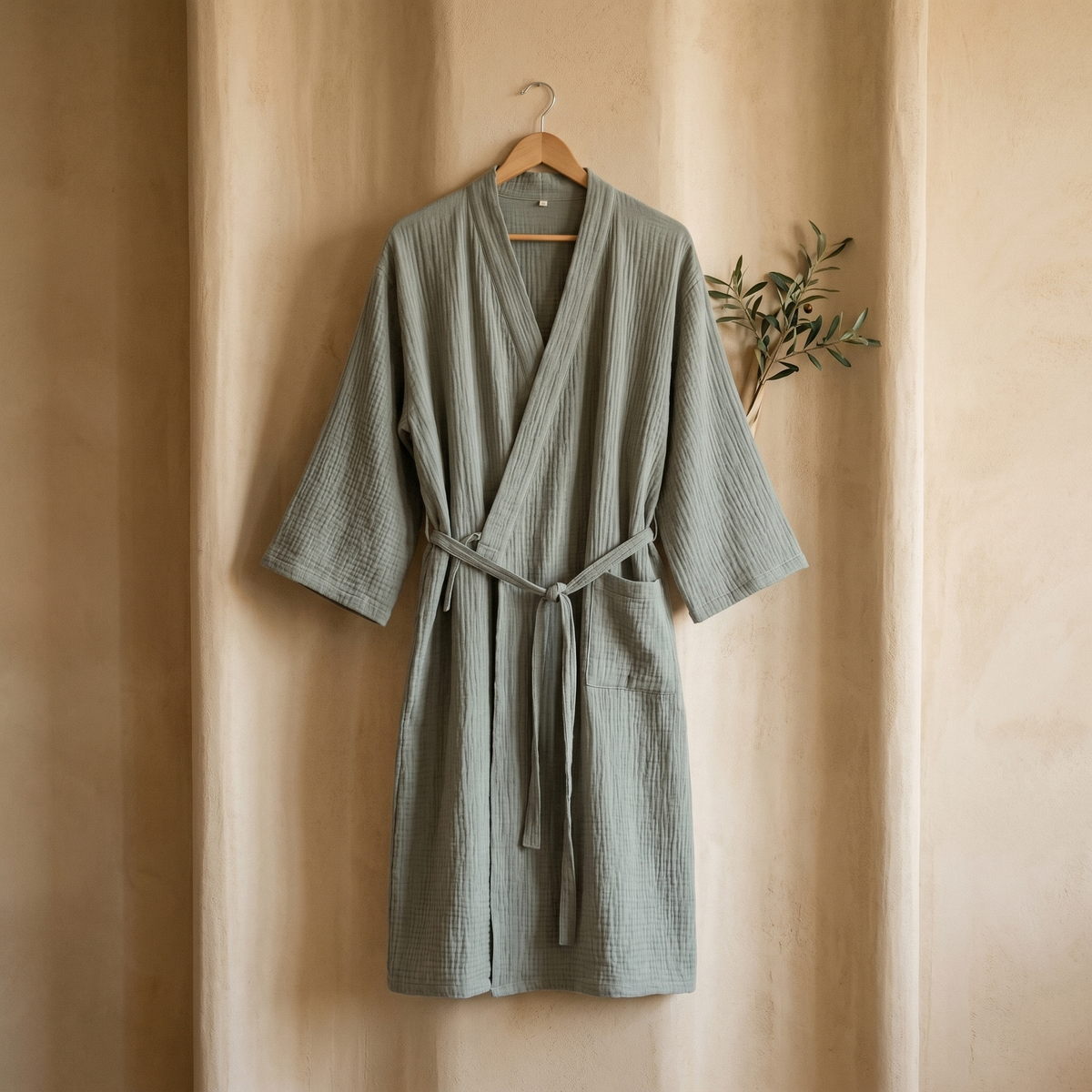 Peignoir Femme en Gaze de Coton Vert Sauge Col Kimono