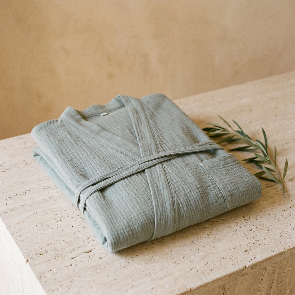 Peignoir Femme en Gaze de Coton Vert Sauge Col Kimono