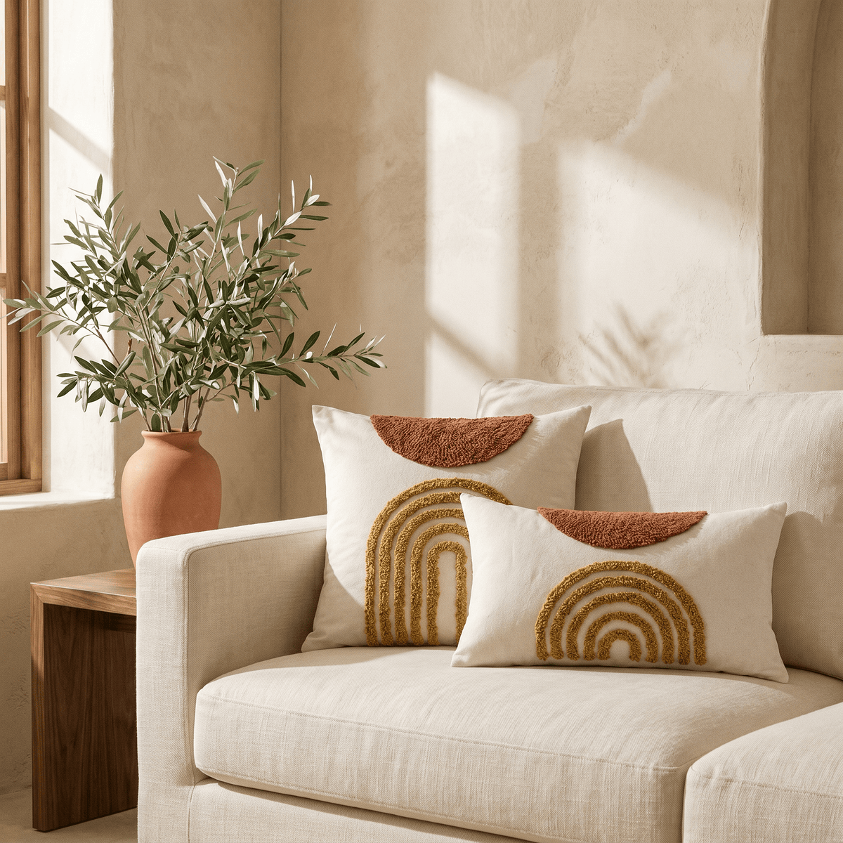 Fodera per cuscino ricamata con motivo ad arco terracotta