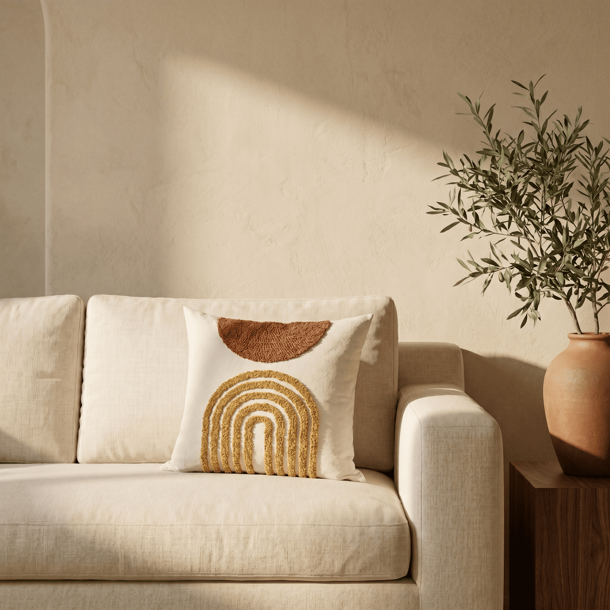 Fodera per cuscino ricamata con motivo ad arco terracotta