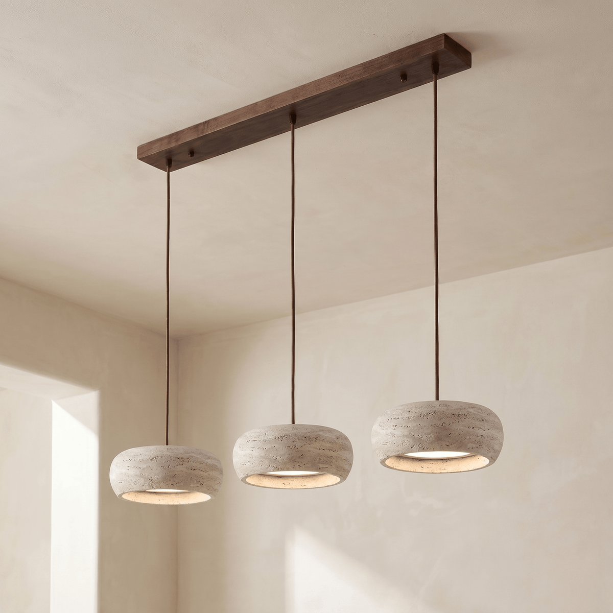 Lustre en Travertin 3 Lampes & Support en Bois