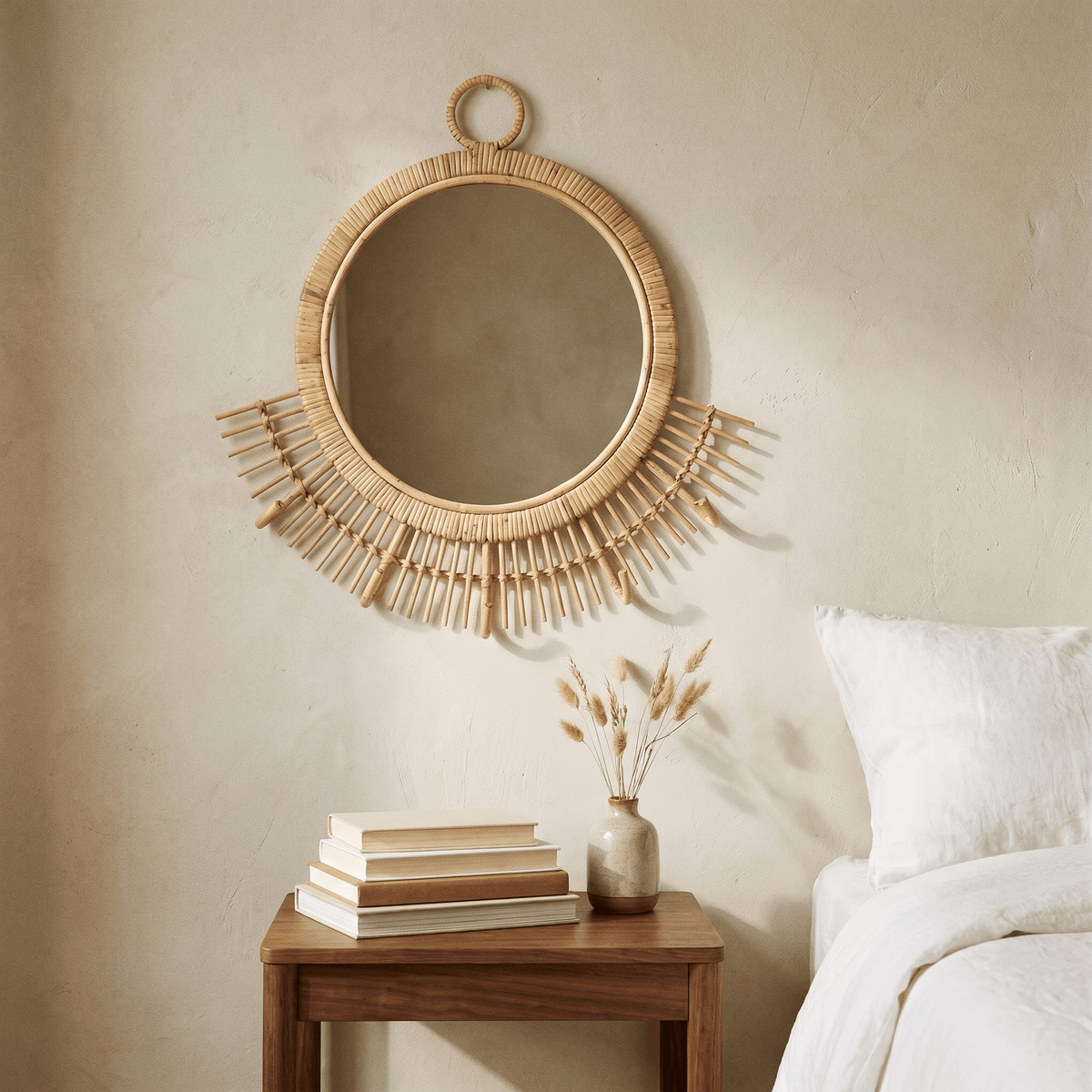 Specchio a mezzo sole in rattan