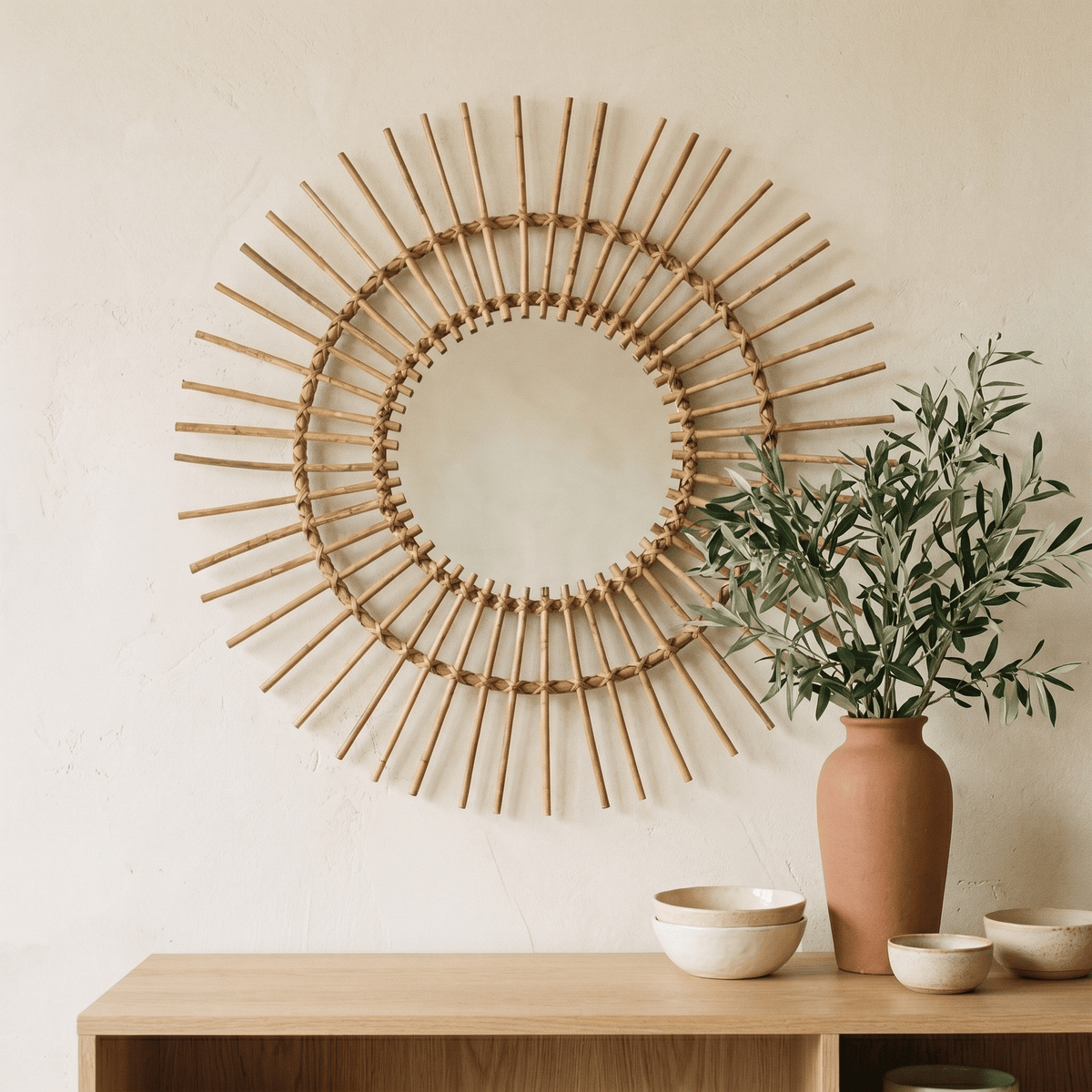 Specchio da parete rotondo a sole in rattan