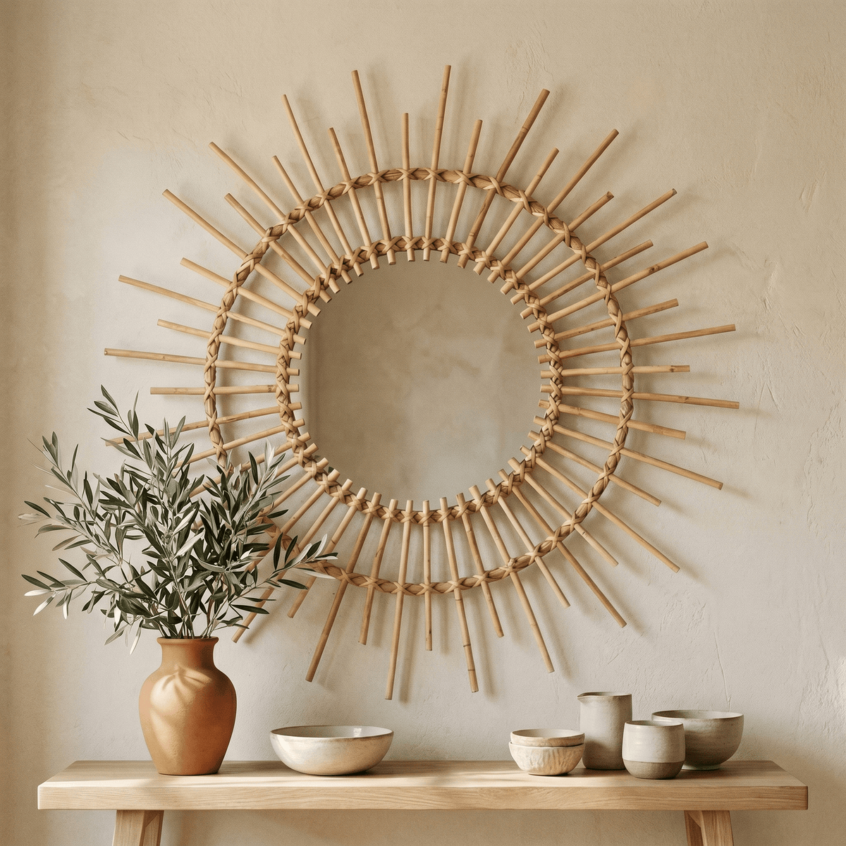 Miroir Rond Soleil Double Cercle en Rotin