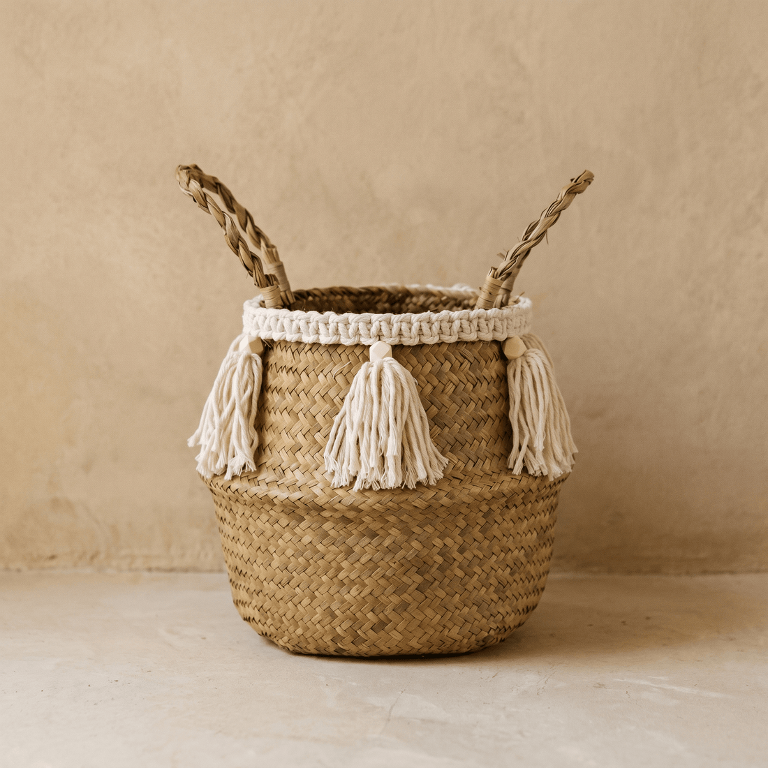 Panier Ventru en Jonc de Mer à Pampilles Écrues